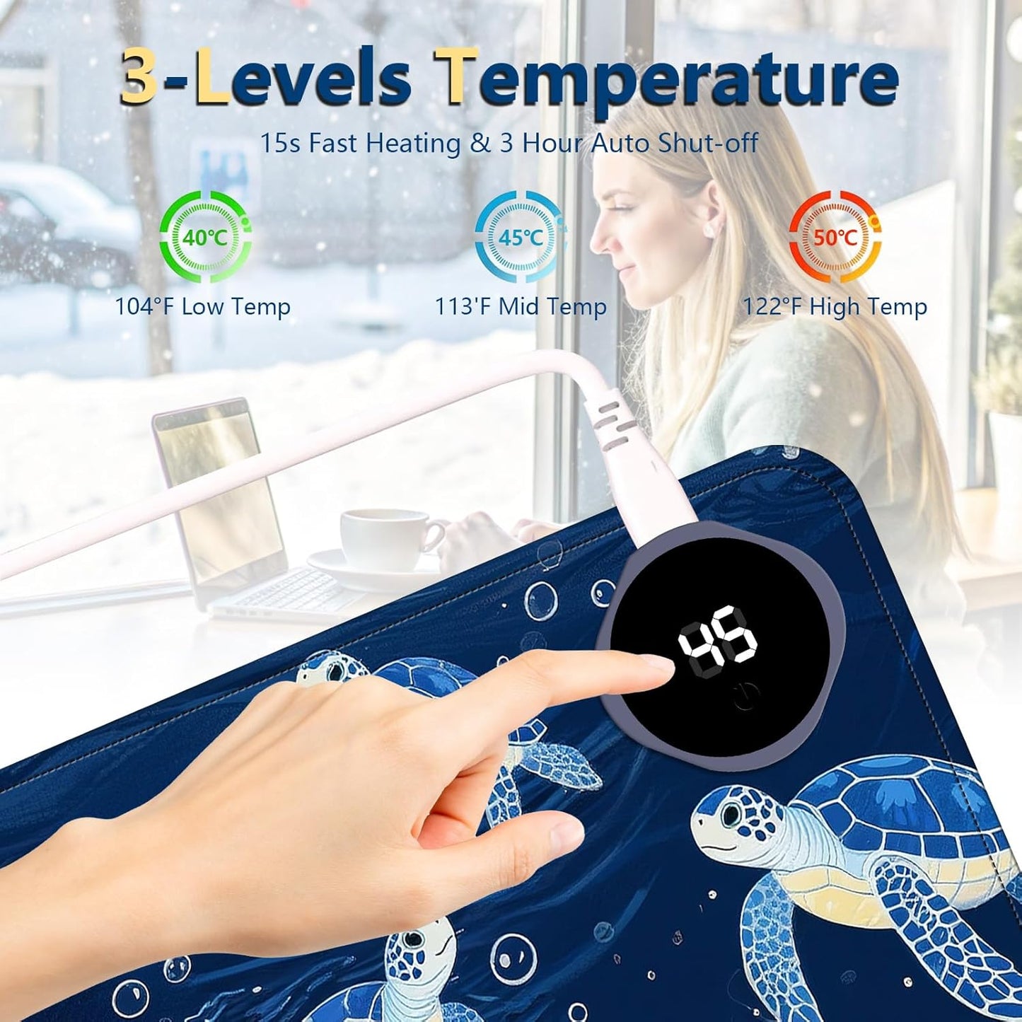Heated Mouse Pad with 3 Temperature Settings(104°F–122°F),Large 24x14.2 Inch PU Leather Heated Desk Mat,Waterproof Warming Pad for Office,Gaming & Cold Hands Relief,Blue Sea Turtle