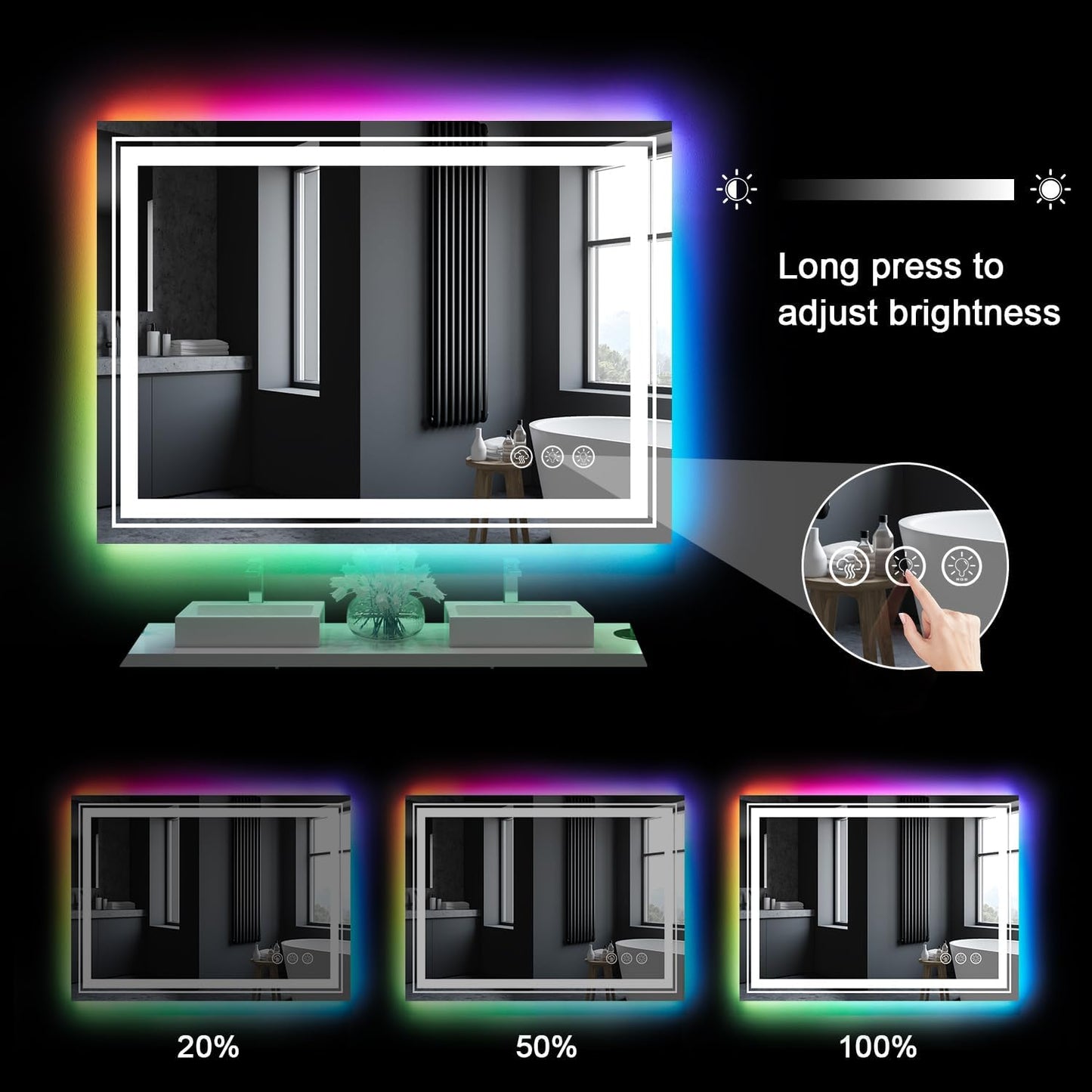 LED Mirror for Bathroom, 20"X28" with 8 RGB Backlit +3 Front Lit (Adjustable Individually), Anti-Fog, Lighted Bathroom Vanity Mirror for Wall, Shatterproof, Memory Function, Tempered Glass