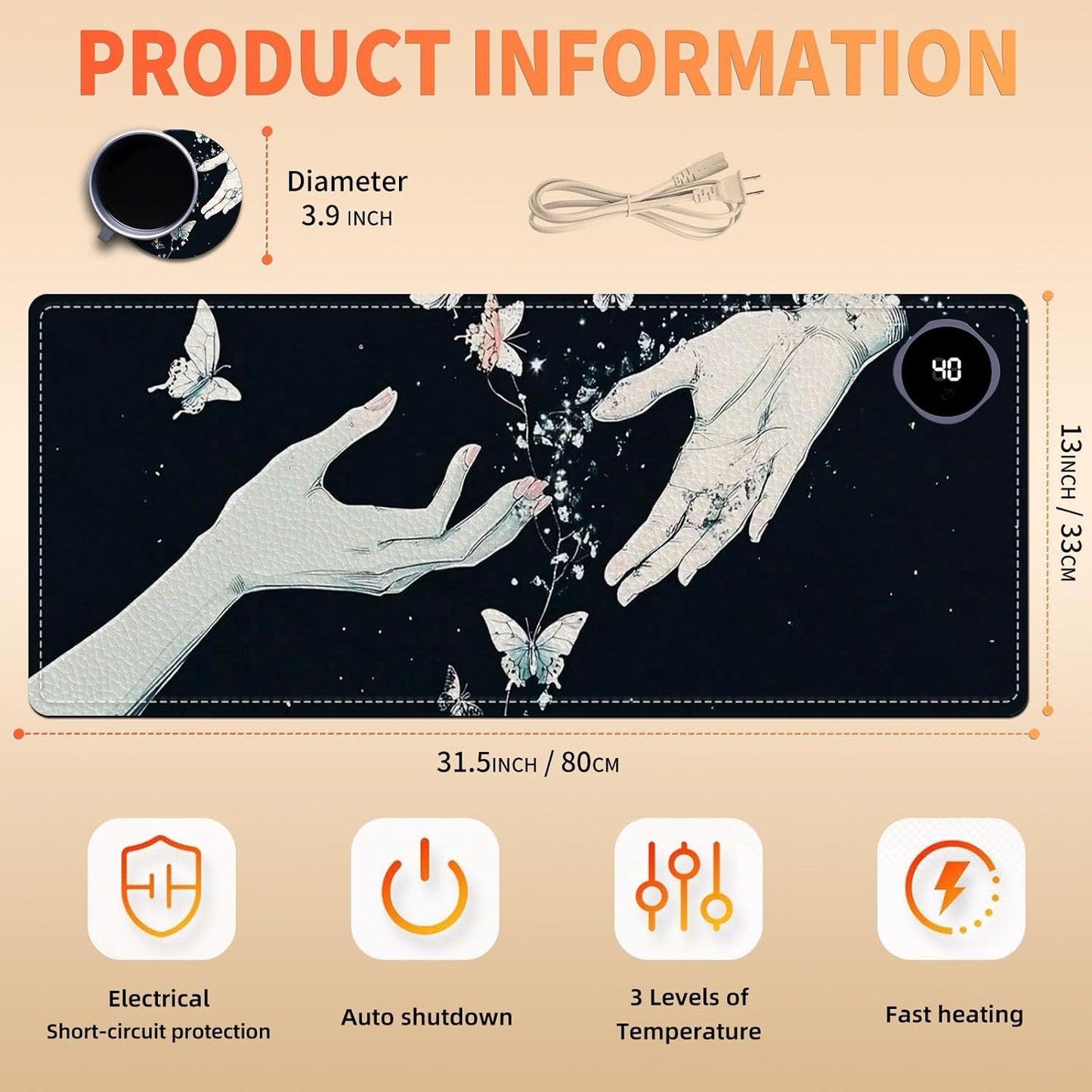 Heated Mouse Pad 31.5x13 in 3-Temp Fast Heating Desk Mat with Auto Timer Warmer for Hands Wrist Pain Relief Waterproof Keyboard Mat for Office, Gaming, Home, Butterfly Hands Art