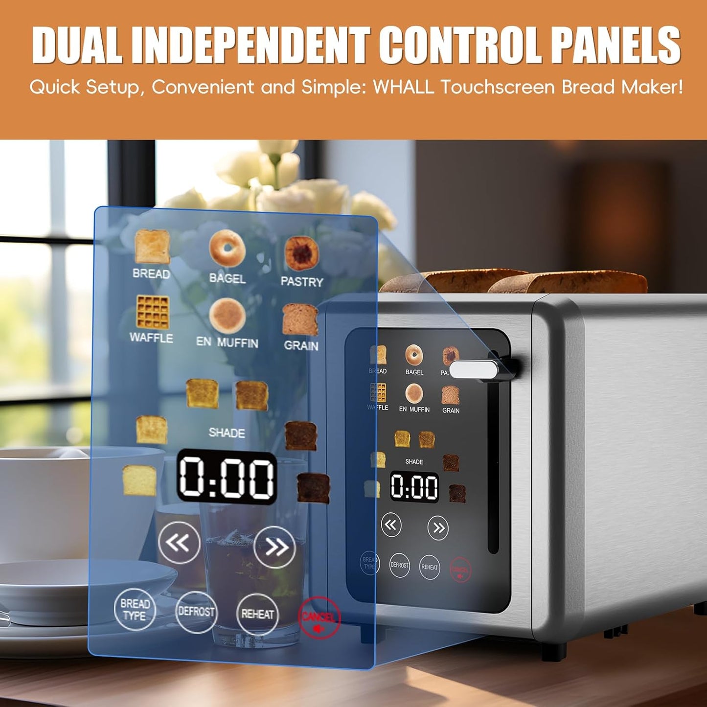 2 Slice Toaster,Touchscreen & Dual Independent Control Panel,5 Basic Functions & Digital Countdown Toasters,6 Shade Settings＆6 Bread Types,Smart Bread Maker Mute/Screen-Off,Silver