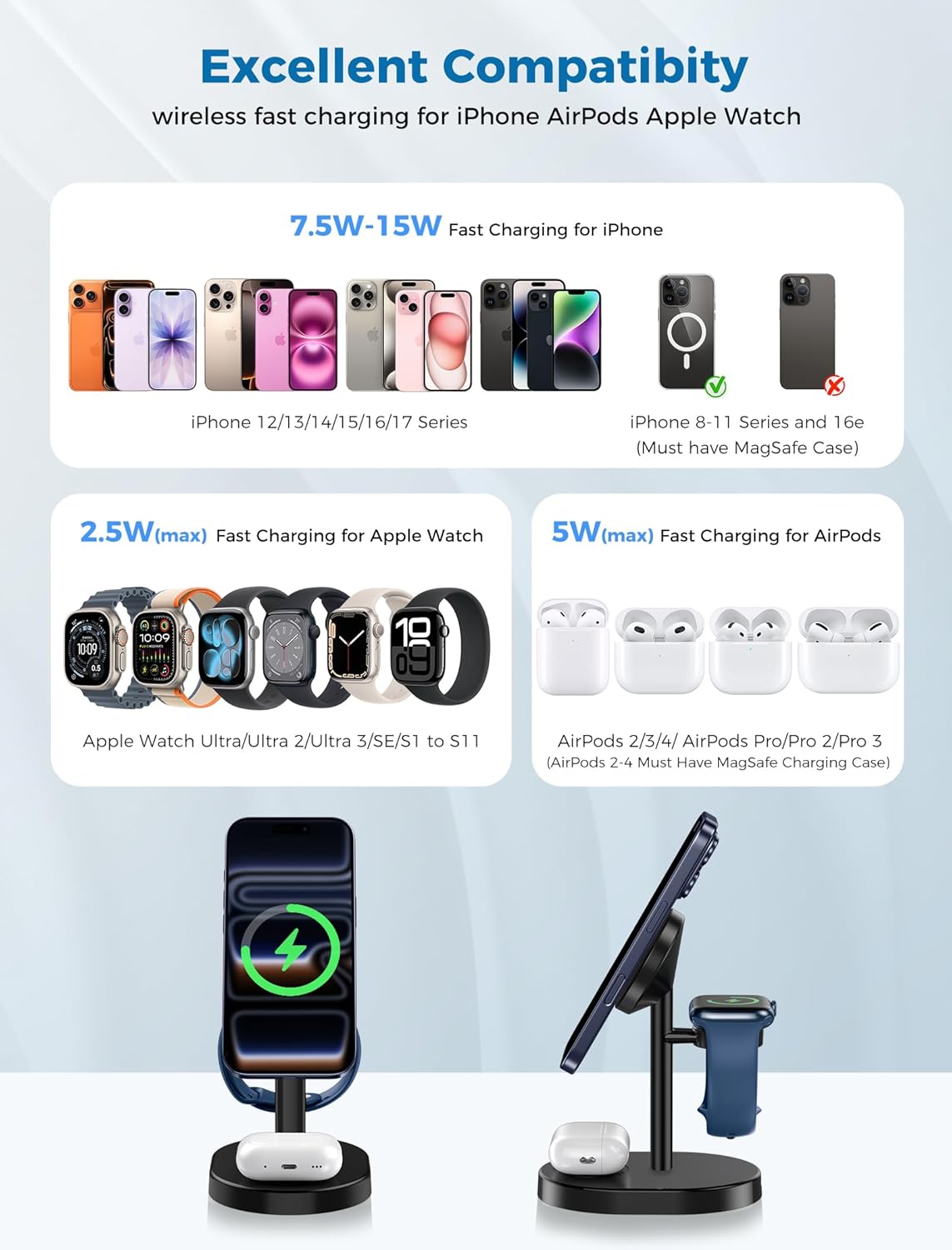 2025 3 in 1 Wireless Charging Station for Apple MagSafe Charger, 15W Fast Magnetic Mag-Safe Charger Stand for iPhone 17 16 15 14 13 12 Apple Watch AirPods Series, Gifts for Men