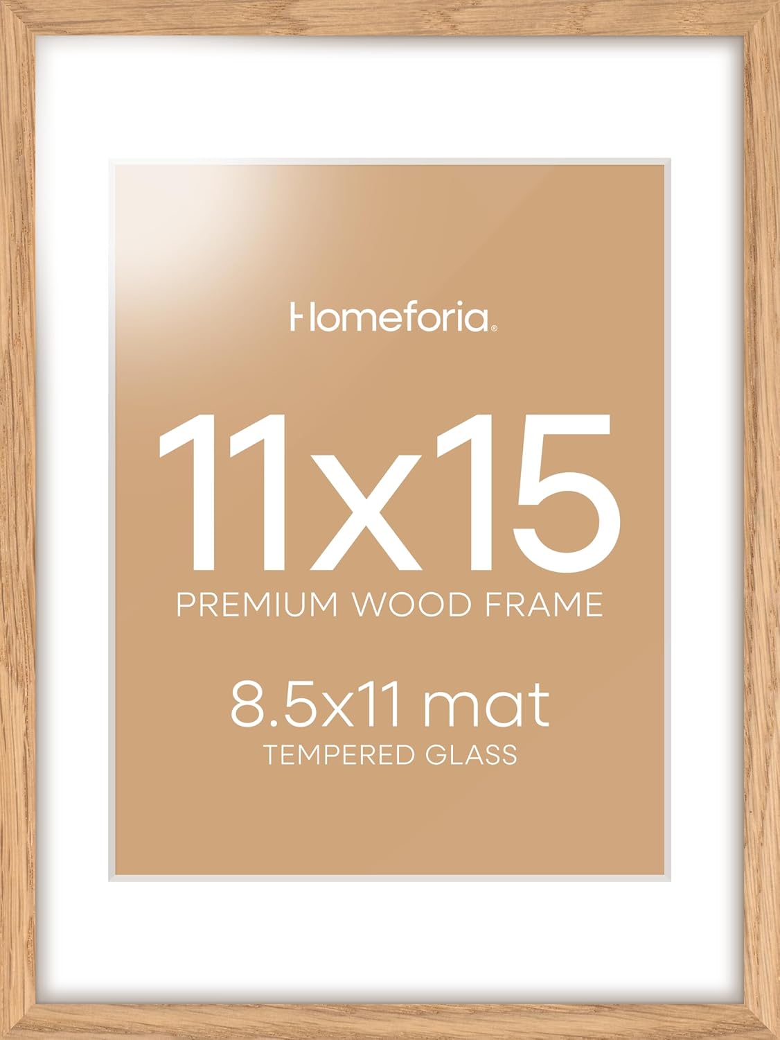 Homeforia 11x15 Picture Frame Wood, High End Natural Oak 11x15 Light Wooden Poster Frames with Mat 8.5x11, 11 x 15 Frame Matted to 8.5 x 11 Photo, 15x11 Thin Frames, Tempered Glass, Wall Kit, Set of 1