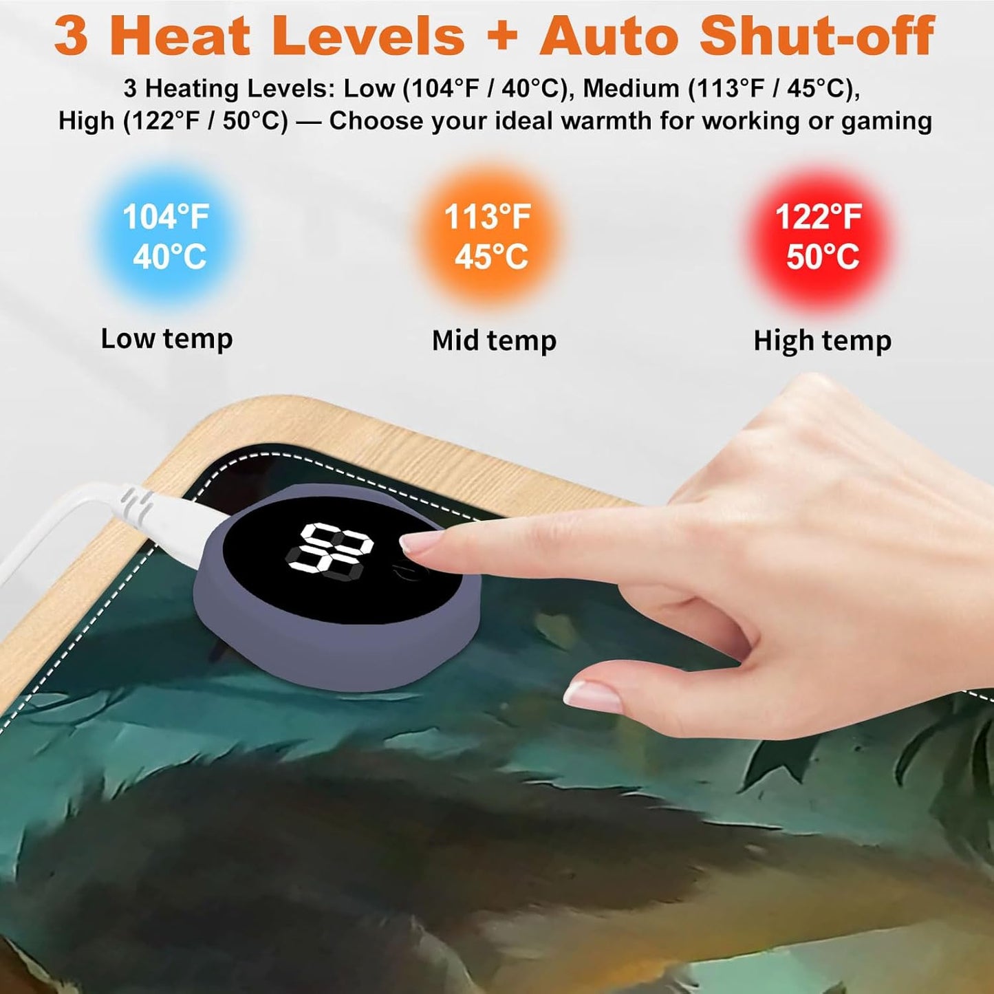 Heated Mouse Pad for Desk 31.5" x 13" – PU Leather Warm Desk Pad with 3 Heat Levels (104°F/113°F/122°F), Plug-in Electric Heating Mat with Auto Shut-Off, Waterproof & Rollable, Forest Wolves