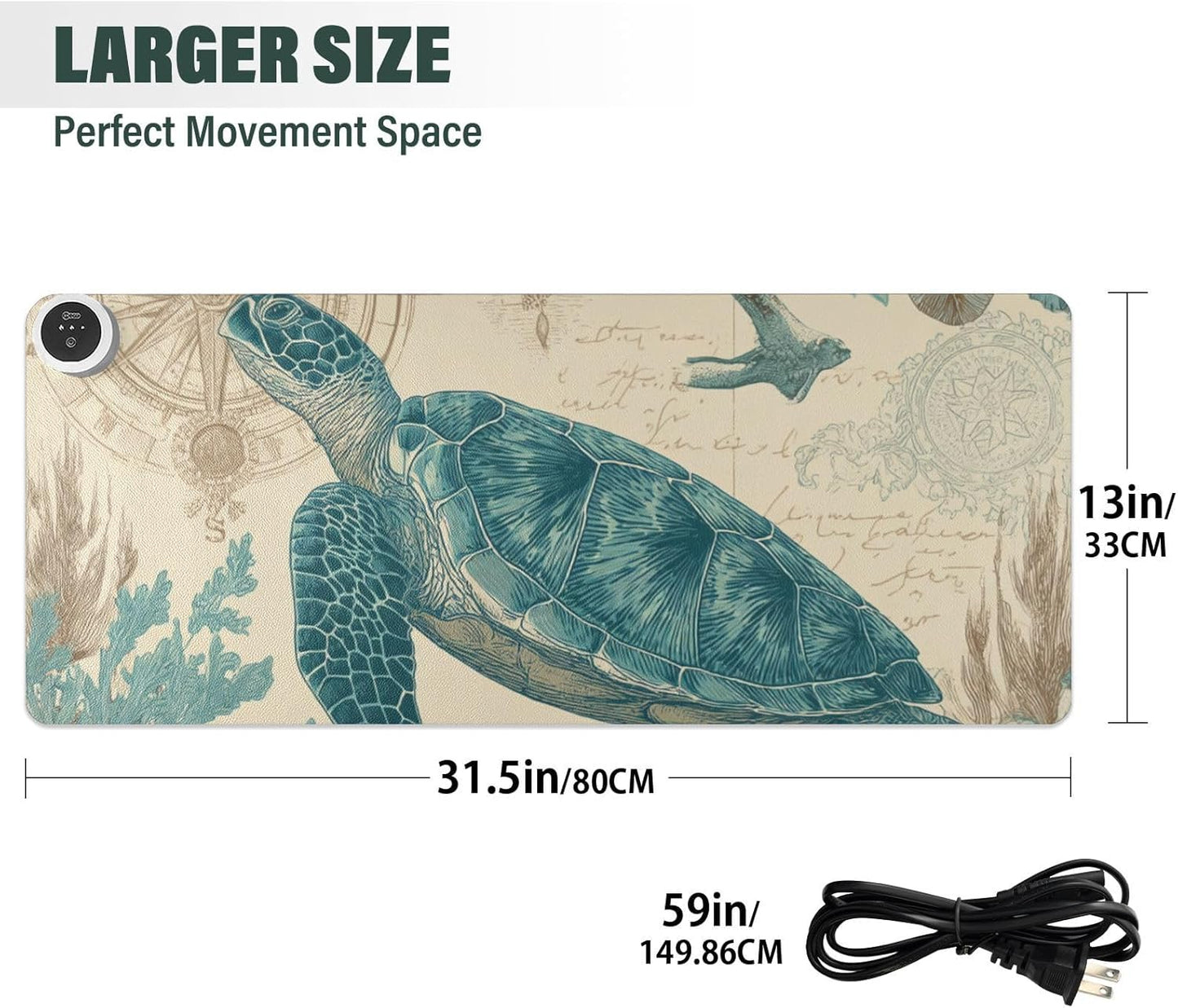 Heated Desk Pad Mouse Pad 31.5x13 Inch PU Leather Desk Mat with 3 Heat Levels Large Mouse Gaming Computer Laptop Mat Retro Sea Turtle Compass