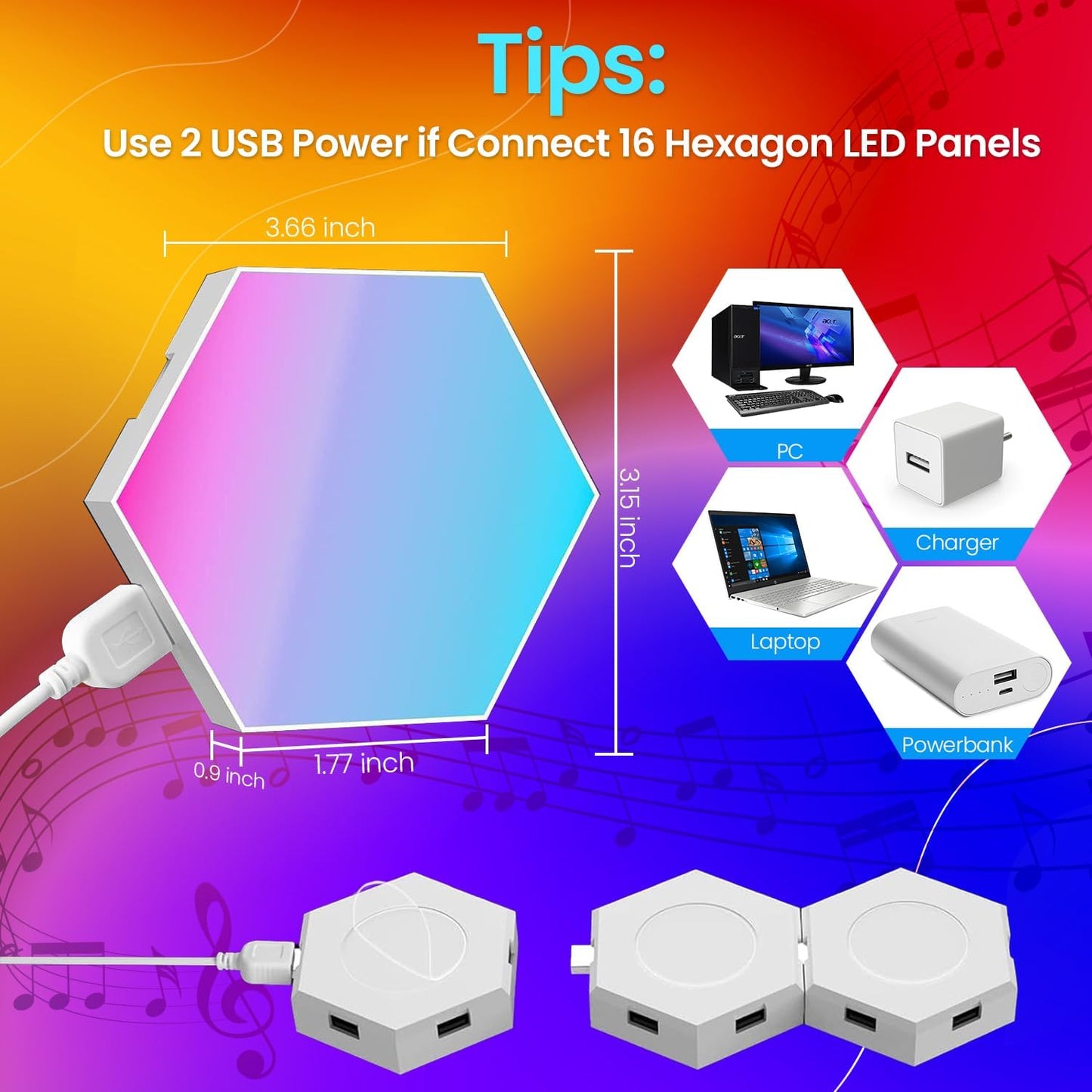 12-Pack RGB Hexagon Wall Panels - Hexagon Lights with APP & Remote-Control, Cool Music Sync - Multicolor 12PCS for Gaming Room, Living Room & Bedroom