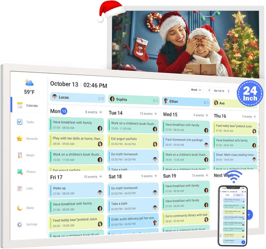 24" Smart Calendar Digital Chore-Chart-for-Planner - Touchscreen Display Electronic Calendar for Family Schedules, 32GB, Auto-Sync Google iCloud Outlook Calendars, Wall Mounted Household Organization