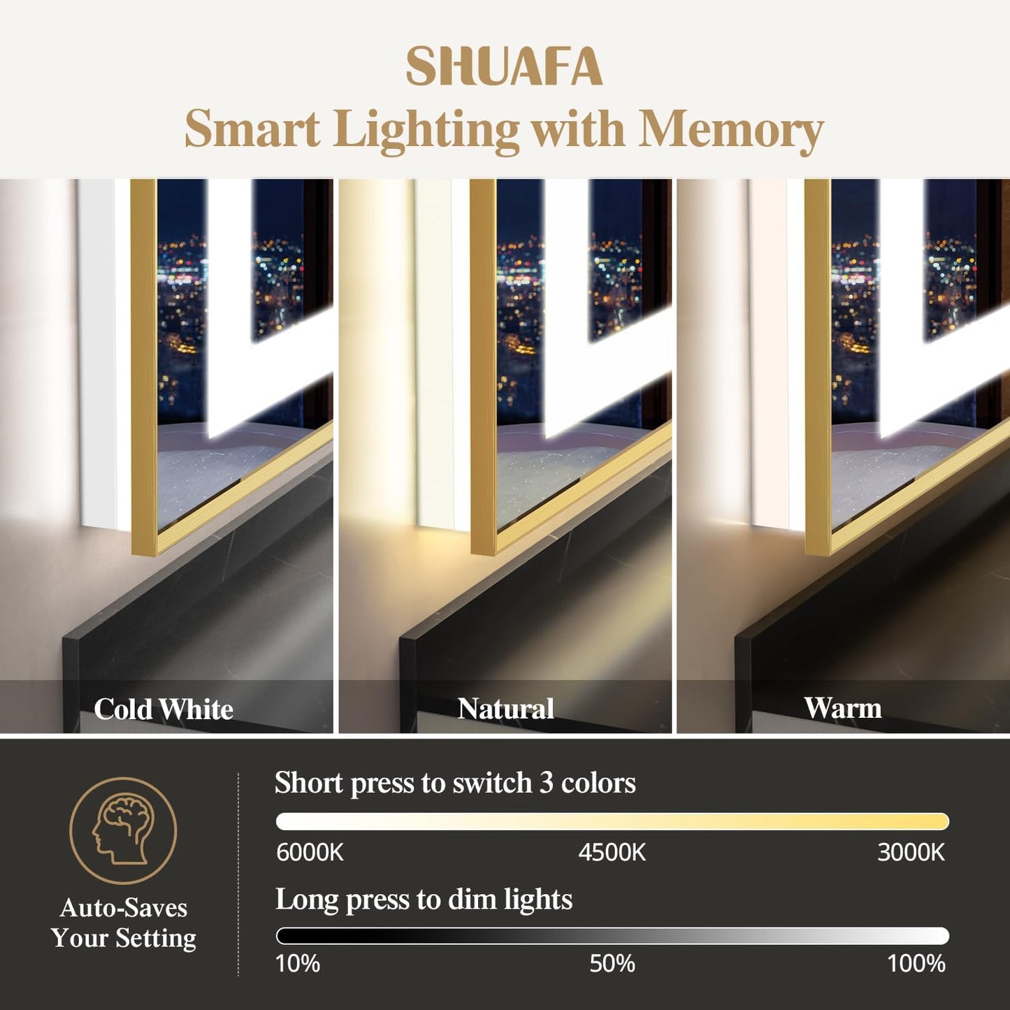 28X36 Inch LED Bathroom Mirror with Lights, Gold Frame Frontlit+ Backlit Bathroom Vanity Mirror for Wall, Ultra-Clear Tempered Glass, Shatter-Proof, Anti-Fog and Memory Function, ETL Listed