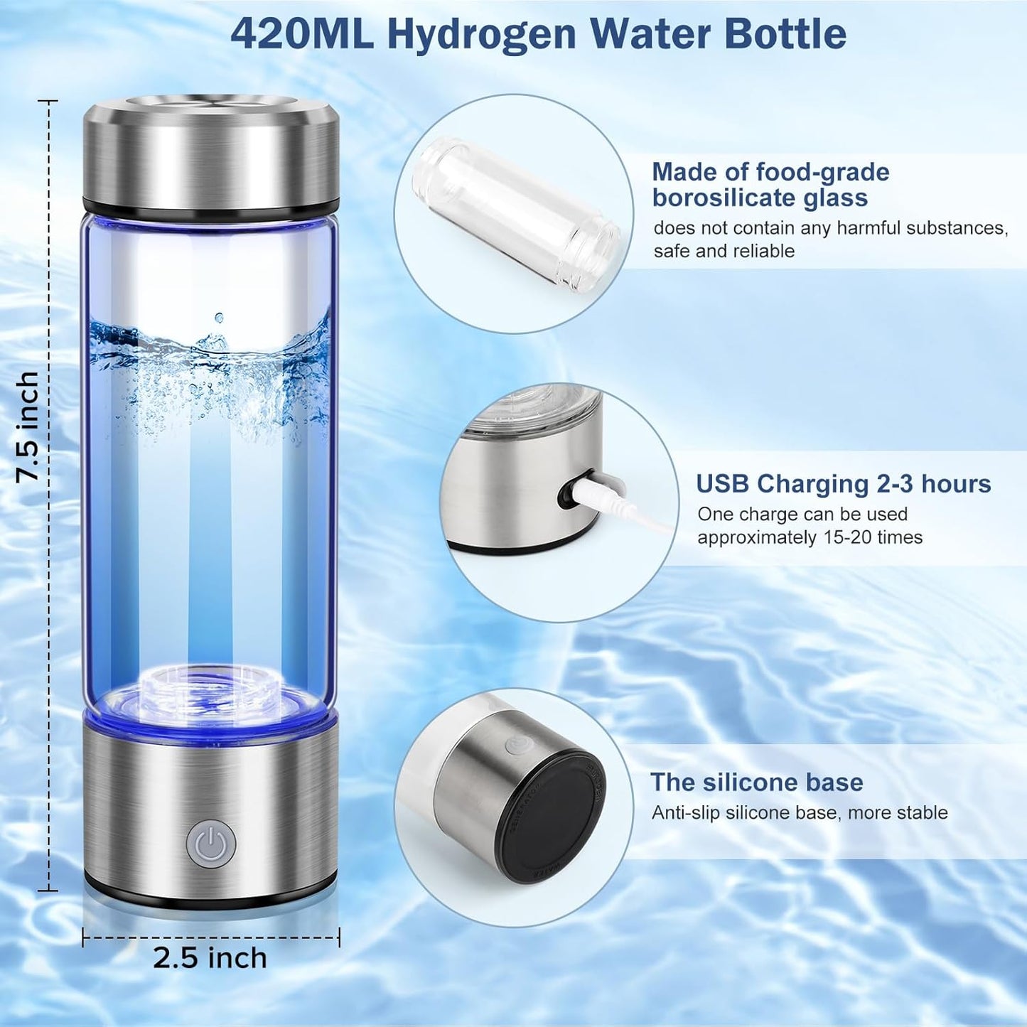 2025 New Hydrogen Water Bottles, Portable Hydrogenated Water Bottle with SPE PEM Technology, 420ml Hydrogen Water Bottle Generator, Rechargeable Ionizer Machine for Office, Home, Travel