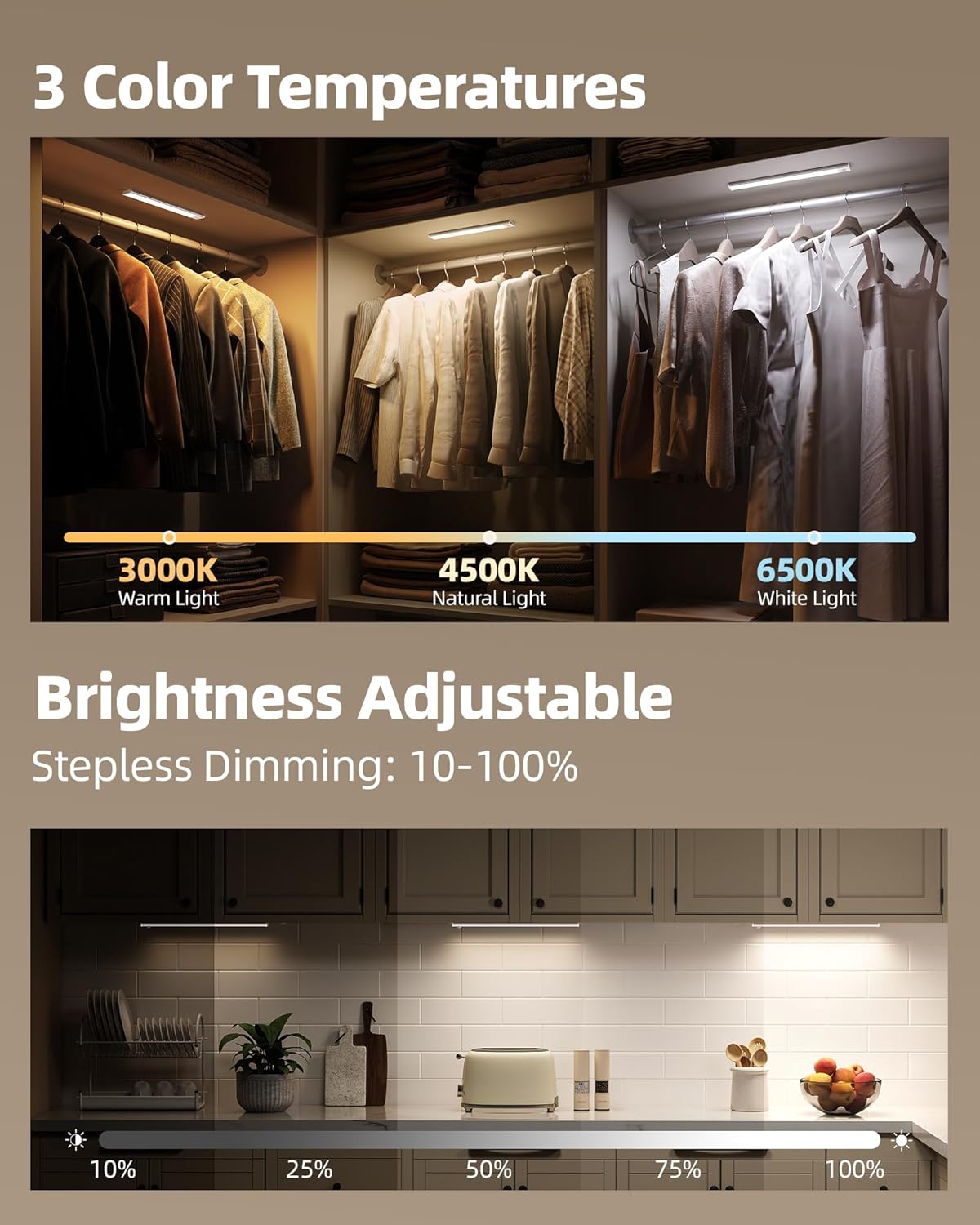16inch Under Cabinet Lighting, 6Pack Rechargeable Motion Sensor Light Indoor, Magnetic Closet Lights with Dimmable & 3 Color Temps, Wireless Under Counter Lights for Kitchen, Stairs