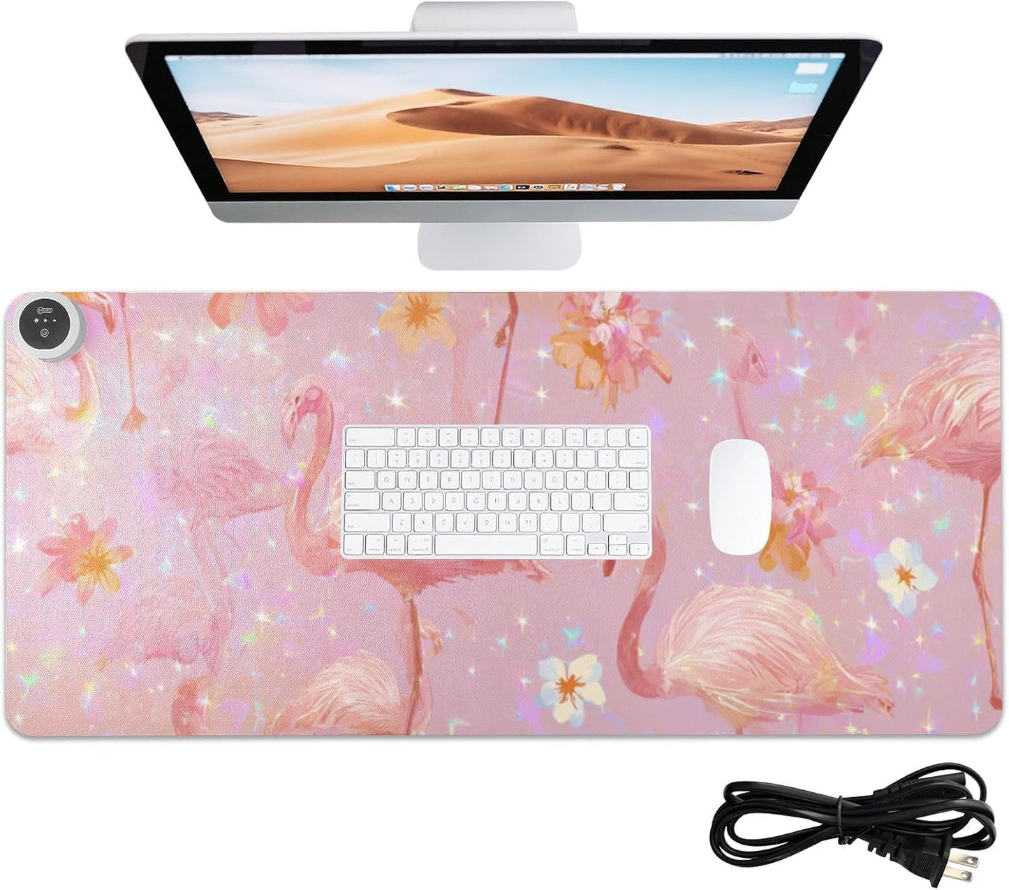 Heated Desk Pad Mouse Pad 31.5x13 Inch PU Leather Desk Mat with 3 Heat Levels Large Mouse Gaming Computer Laptop Mat Pink Gradient Flamingo and Petals