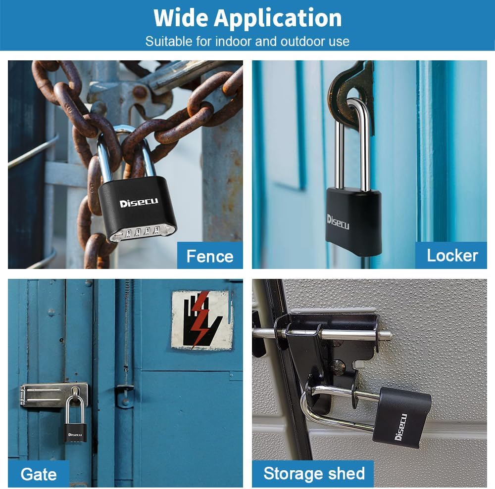 1 Pack disecu Heavy Duty 4 Digit Combination Lock, Anti-Error Feature, 2.5 Inch Long Shackle Outdoor Waterproof Padlock for School Gym Locker, Fence, Gate, Toolbox (Brass)