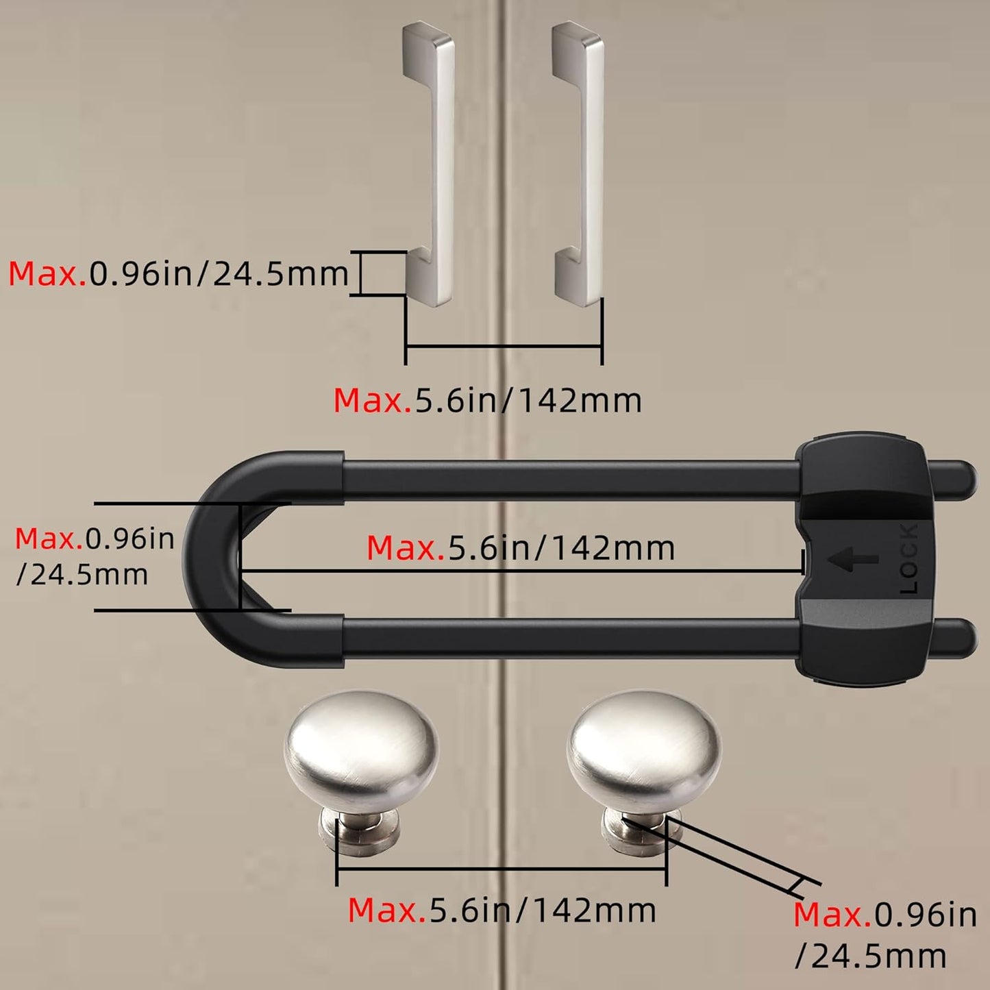 (10 pack black) 4 button Cabinet Locks, U-Shaped Proofing Drawers Safety Child Locks Adjustable, for Wardrobe,Kitchen,Bathroom,Drawer,Fridge,Cupboard Doors Knobs & Handles