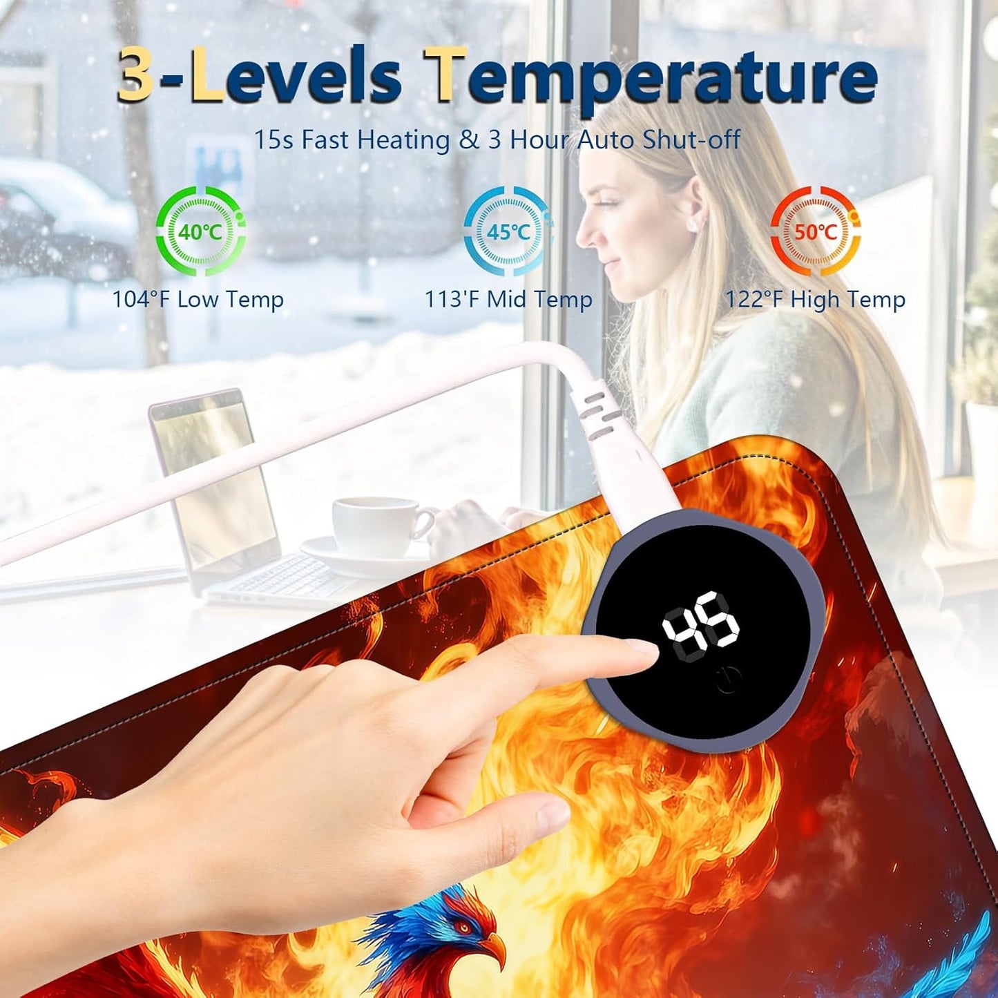 Heated Mouse Pad with 3 Temperature Settings(104°F–122°F),Large 24x14.2 Inch PU Leather Heated Desk Mat,Waterproof Warming Pad for Office,Gaming & Cold Hands Relief,Fiery Phoenix Bird