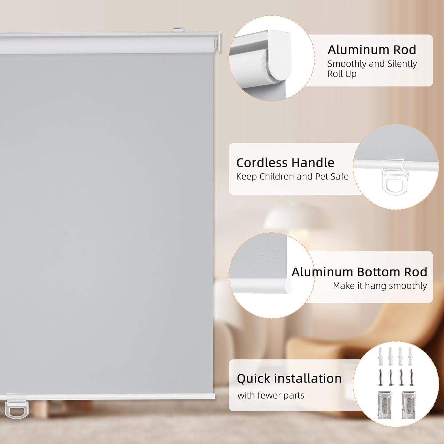 ChrisDowa Cordless Blackout Roller Shades for Windows, Thermal Insulated UV Protection Pull Down Shades, Total Blackout Window Blinds for Home, Office, Bedroom, Door (39" W x 72" H, Grey)