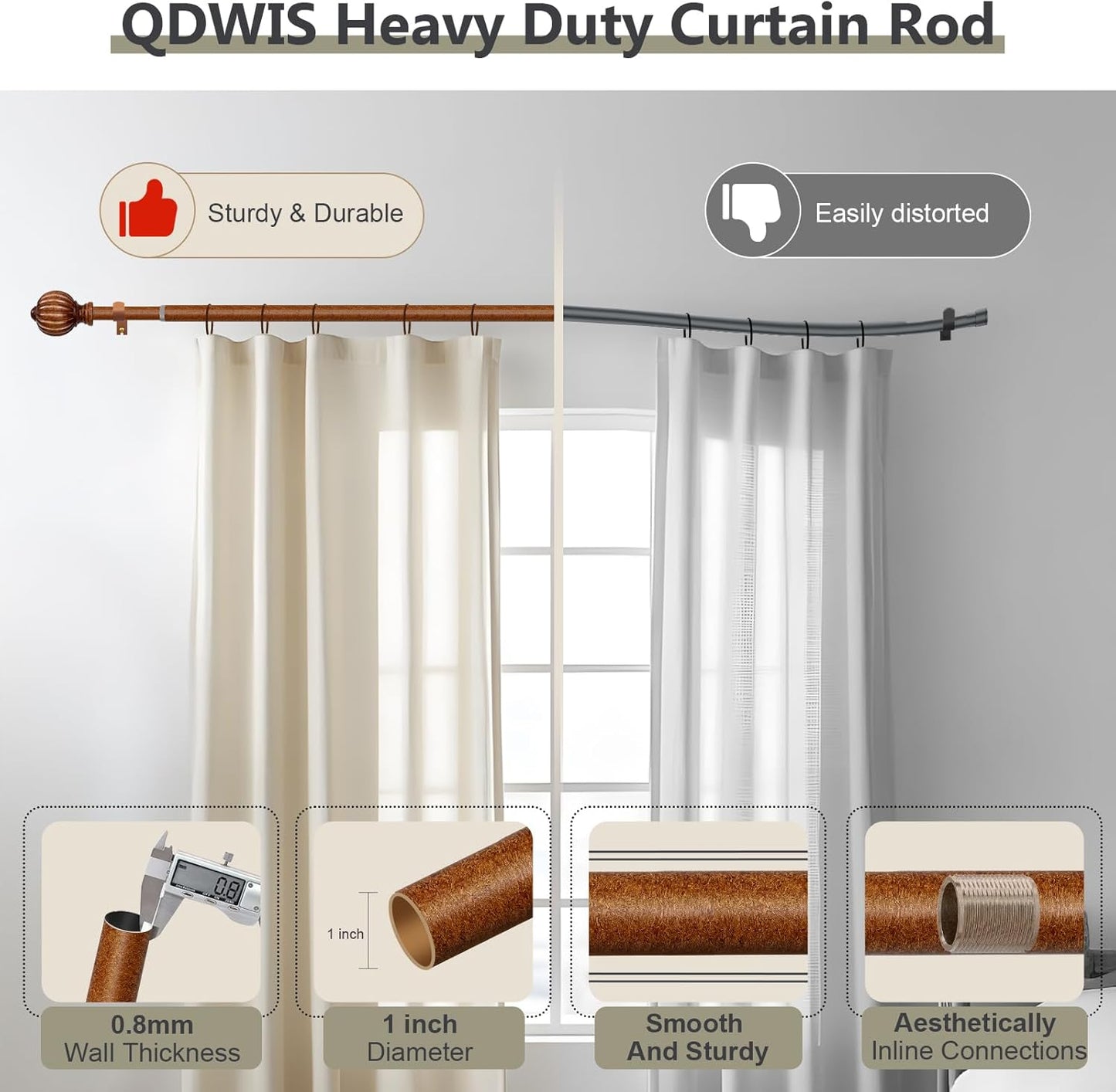2 Pack Dark Brown Wood Curtain Rods for Windows 28 to 48 Inch, 1'' Adjustable Heavy Duty Curtain Rod，Vintage Imitation Wood Decorative Drapery Rods with Pumpkin Finials for Bedroom Living Room