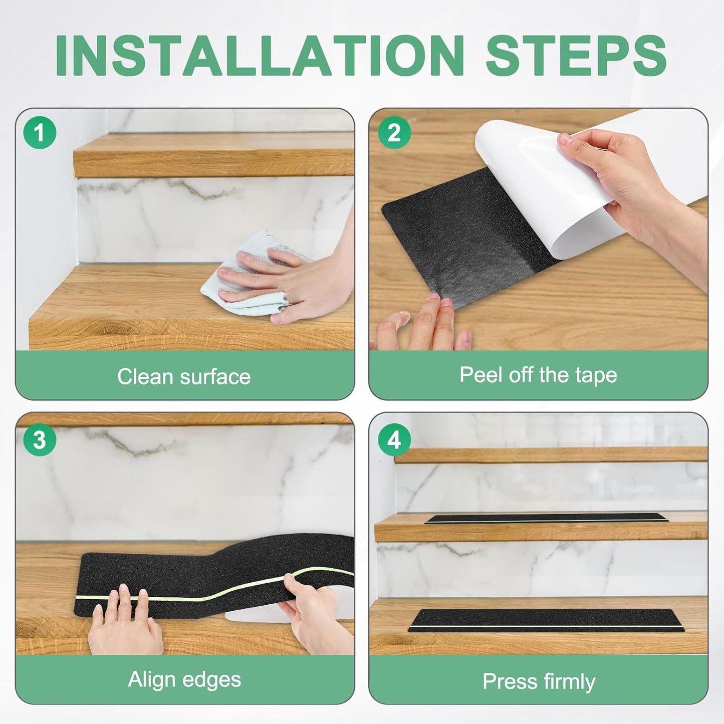 10-Pack Anti Slip Traction Tape 30" x 6" Best Grip Tape Grit with 6mm/0.24" Glow in Dark Stripe High Traction Friction Abrasive Adhesive for Indoor/Outdoor Stairs[Black+Green]