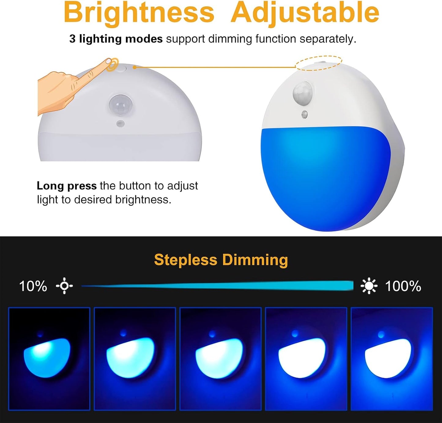 2 Pack Blue Battery Night Light, Motion Activated Stick on Lights, 2.6" Small Travel Night Light, 3 Light Modes, Very Dim, Dimmable Battery Operated Lights for Toilet, Bathroom, Kids, Game Room