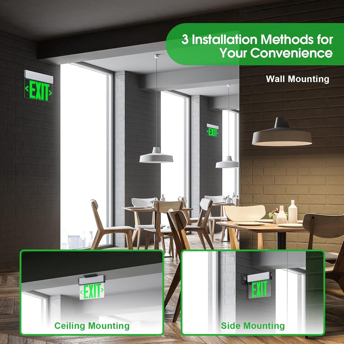 Green LED Edge Lit Exit Sign Brushed Aluminum Housing, UL Listed Emergency Exit Signs Single Sided Clear Acrylic with Battery Backup, AC 120-347V Hardwired Exit Lights, Top/Side/Wall Mount (2 Pack)