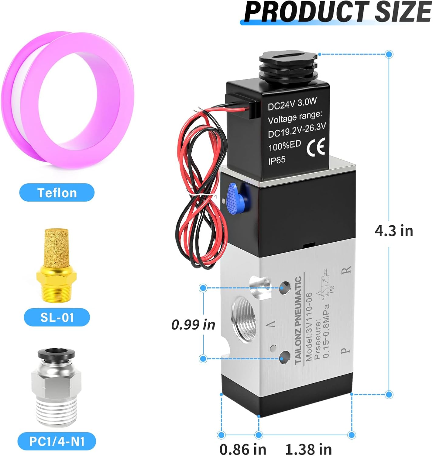 TAILONZ PNEUMATIC 1/8"NPT Solenoid Valve 3V110-06 DC24V Single Coil Pilot-Operated Electric 2 Position 3 Way Connection Type