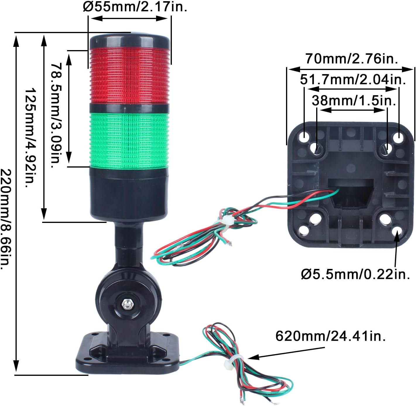 Led Signal Tower Stack Lights, Industrial Signal Warning Lights, Column Tower Lamp with Rotatable Base, Steady/Flashing Switchable, 110V 220V AC(2-Layer, no Buzzer) Black