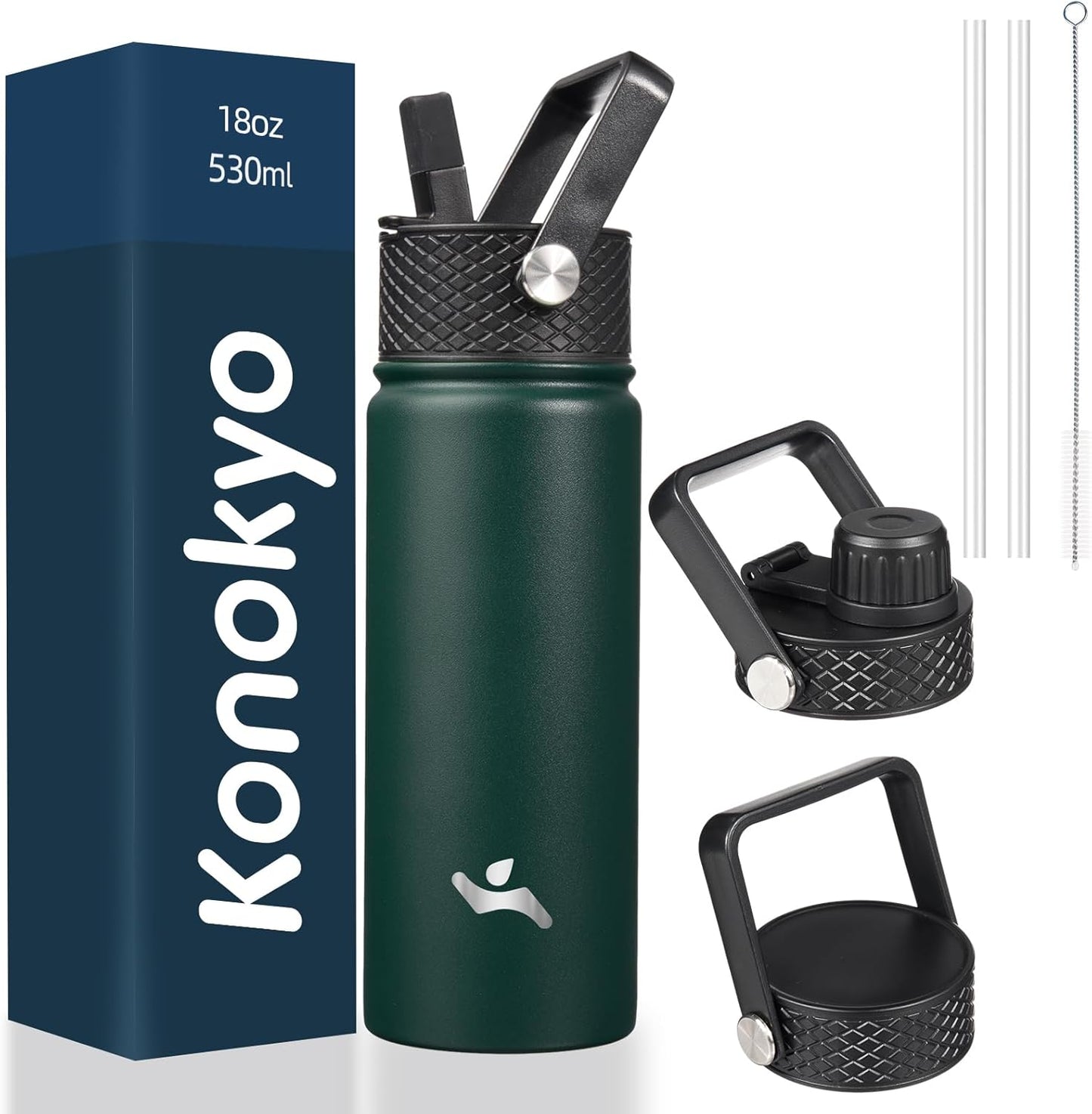 18 oz Insulated Water Bottle Stainless Steel Sport Bottles with 3 Lids,Army Green