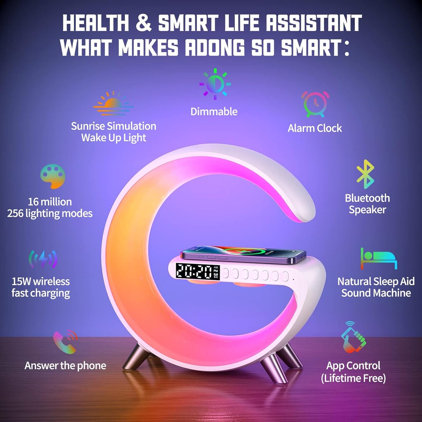 2026 New Smart Table Lamp with 4-in-1 Wireless Charger, Bluetooth Speaker, Alarm Clock, Night Light, App Control, for Bedroom, Office, Home Decor