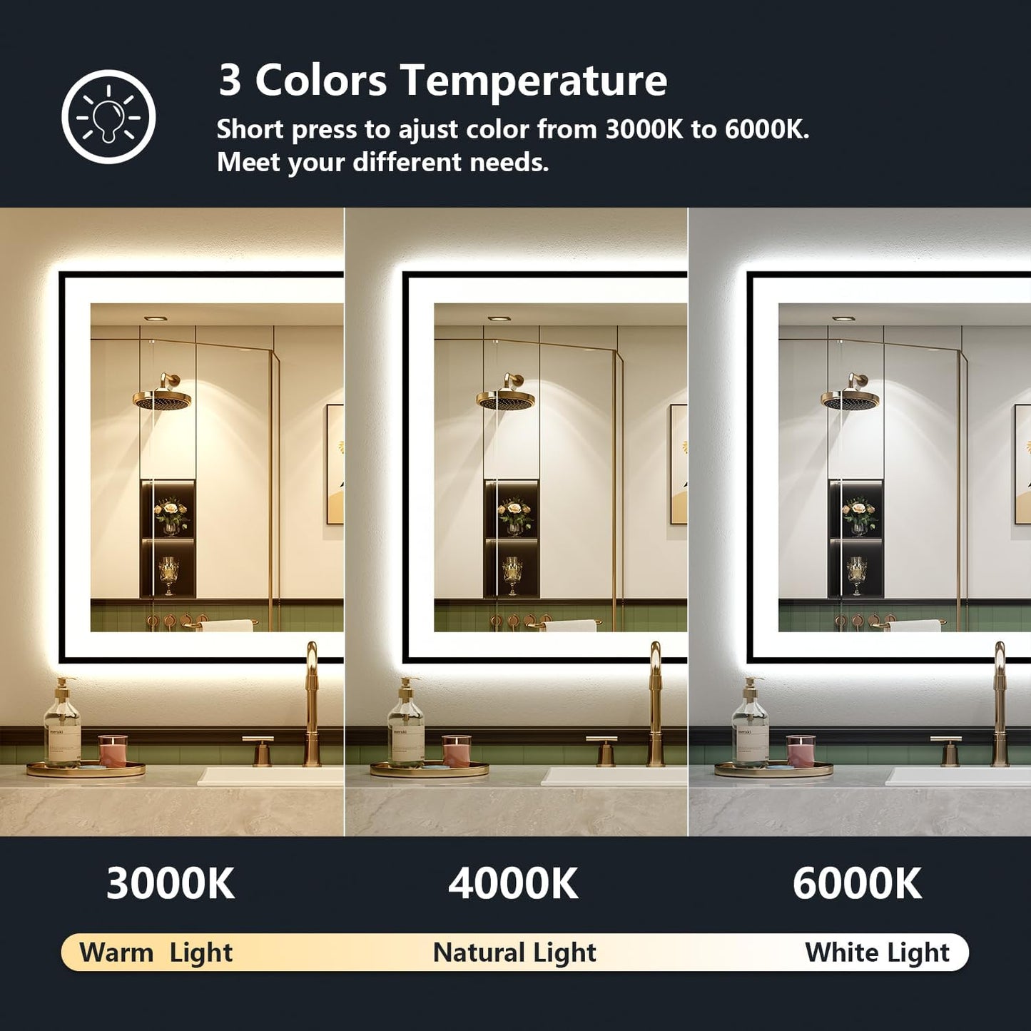28x36 Inch LED Bathroom Mirror with Lights (Front Lit and Backlit) Black Framed Lighted Vanity Mirror for Bathroom Wall Dimmable Anti-Fog Memory Tempered Glass Horizontal/Vertical