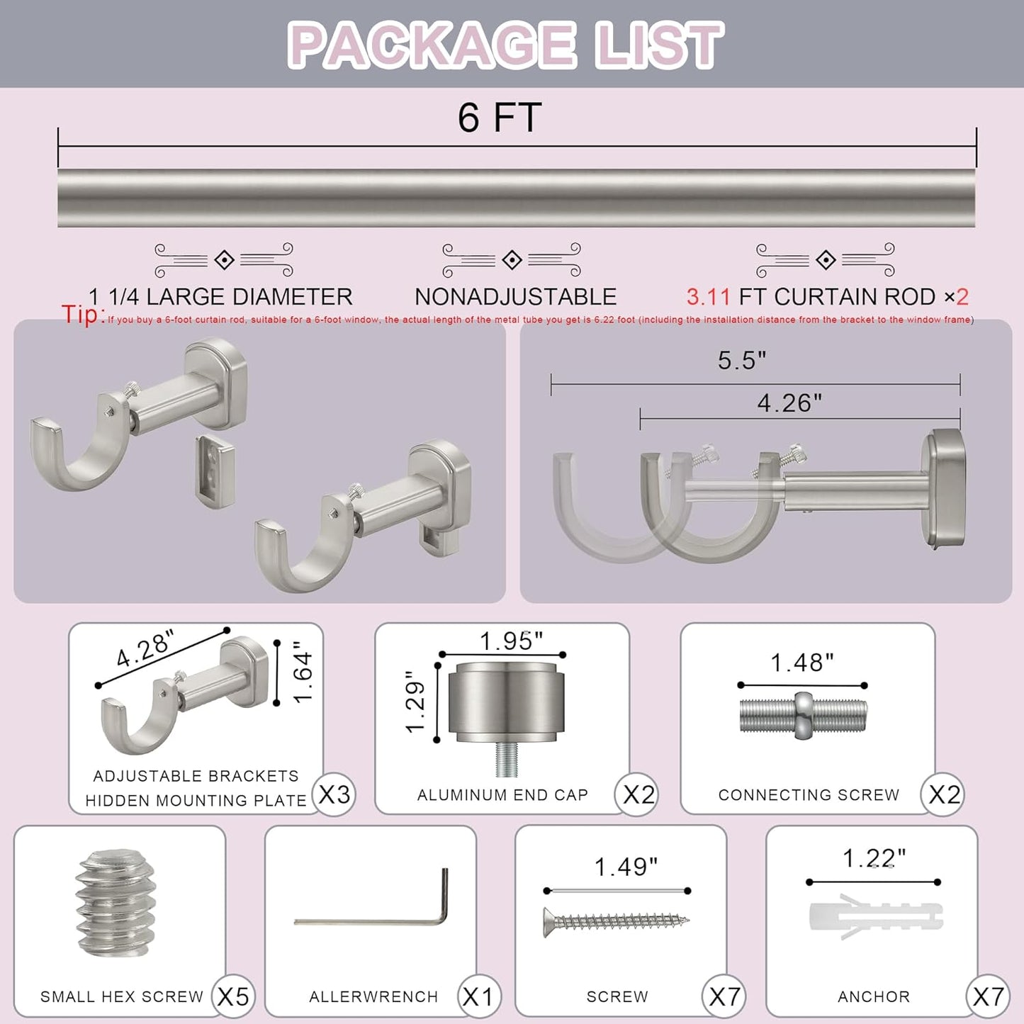 Heavy Duty Curtain Rods,1 1/4" Large Diameter Premium Nonadjustable Curtain Rod,72in/6ft Custom Window Treatment Rods with Durable Aluminum Brackets and End Caps,Brushed Nickel Finish