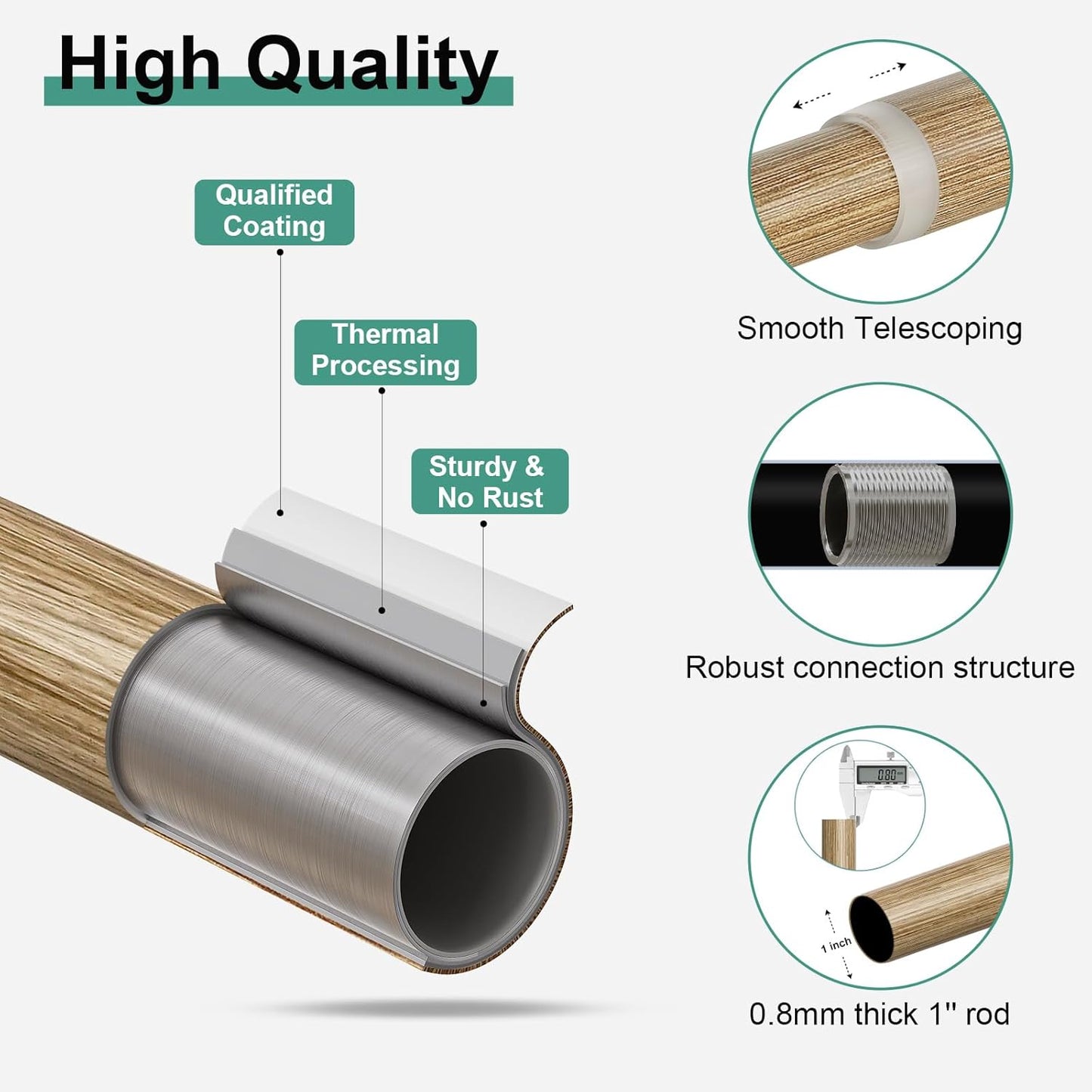 2 Pack Boho Wood Curtain Rods for Windows 48 to 84 inch,1" Adjustable Heavy Duty Window Curtain Rod with Imitation Wood Grain Finials,Rustic Decorative Drapery Rods Set 36-88'',Weathered Wood
