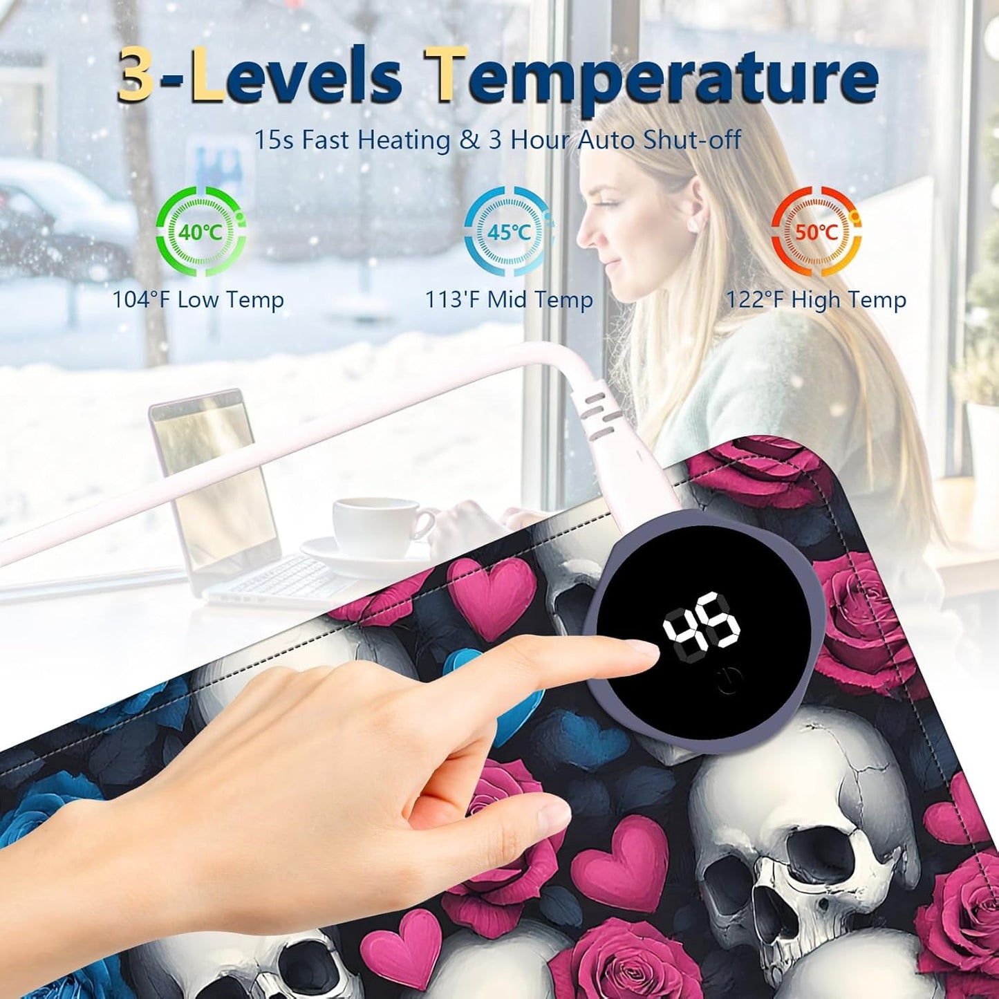 Heated Mouse Pad with 3 Temperature Settings(104°F–122°F),Large 31.5x13 Inch PU Leather Heated Desk Mat,Waterproof Warming Pad for Office,Gaming & Cold Hands Relief,Skeleton Skulls Flower