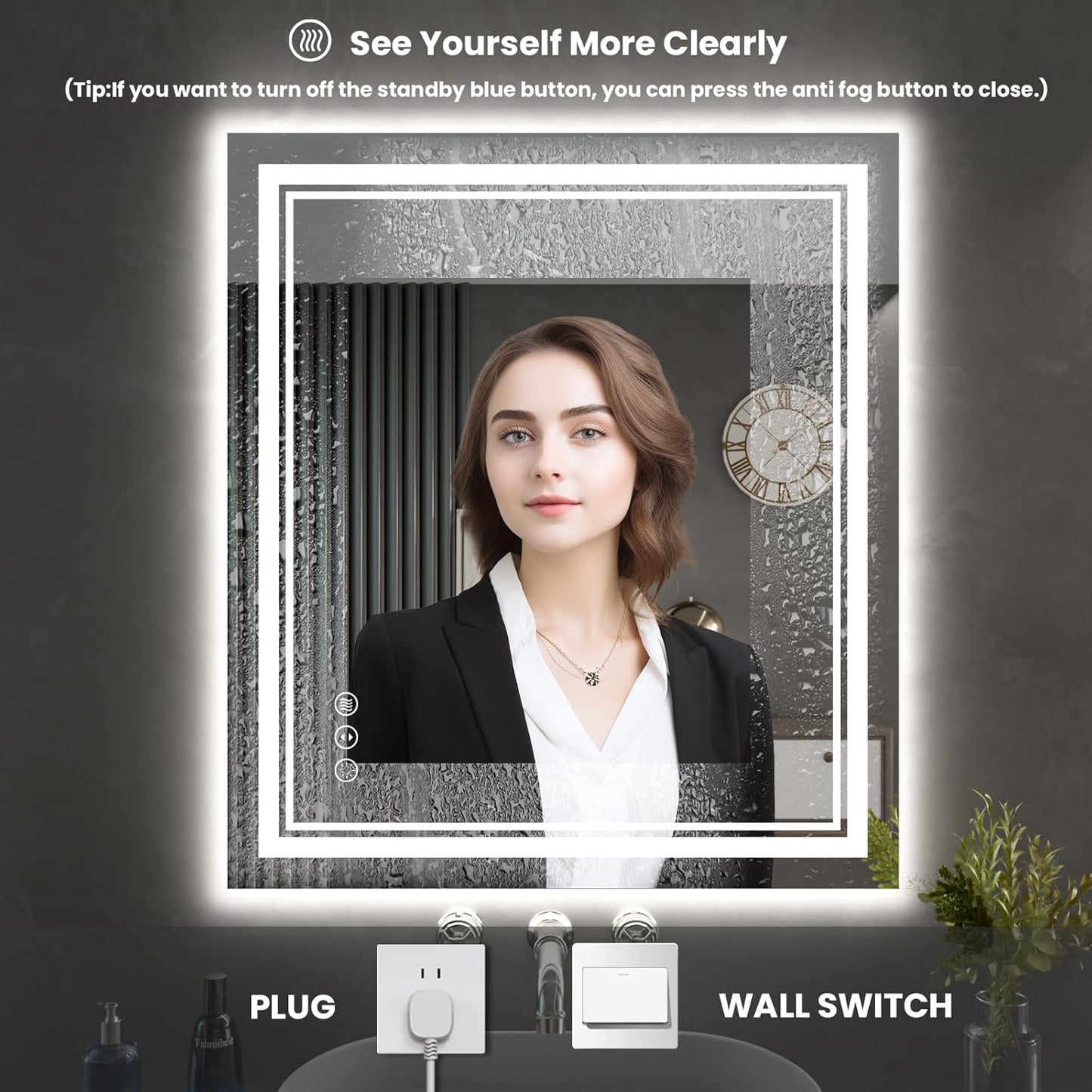 28 x 32 Inch LED Bathroom Mirror, Front Light and Backlit Anti-Fog Dimmable Memory Lighted Vanity Mirror, Shatterproof Wall-Mounted Led Mirror for Bathroom
