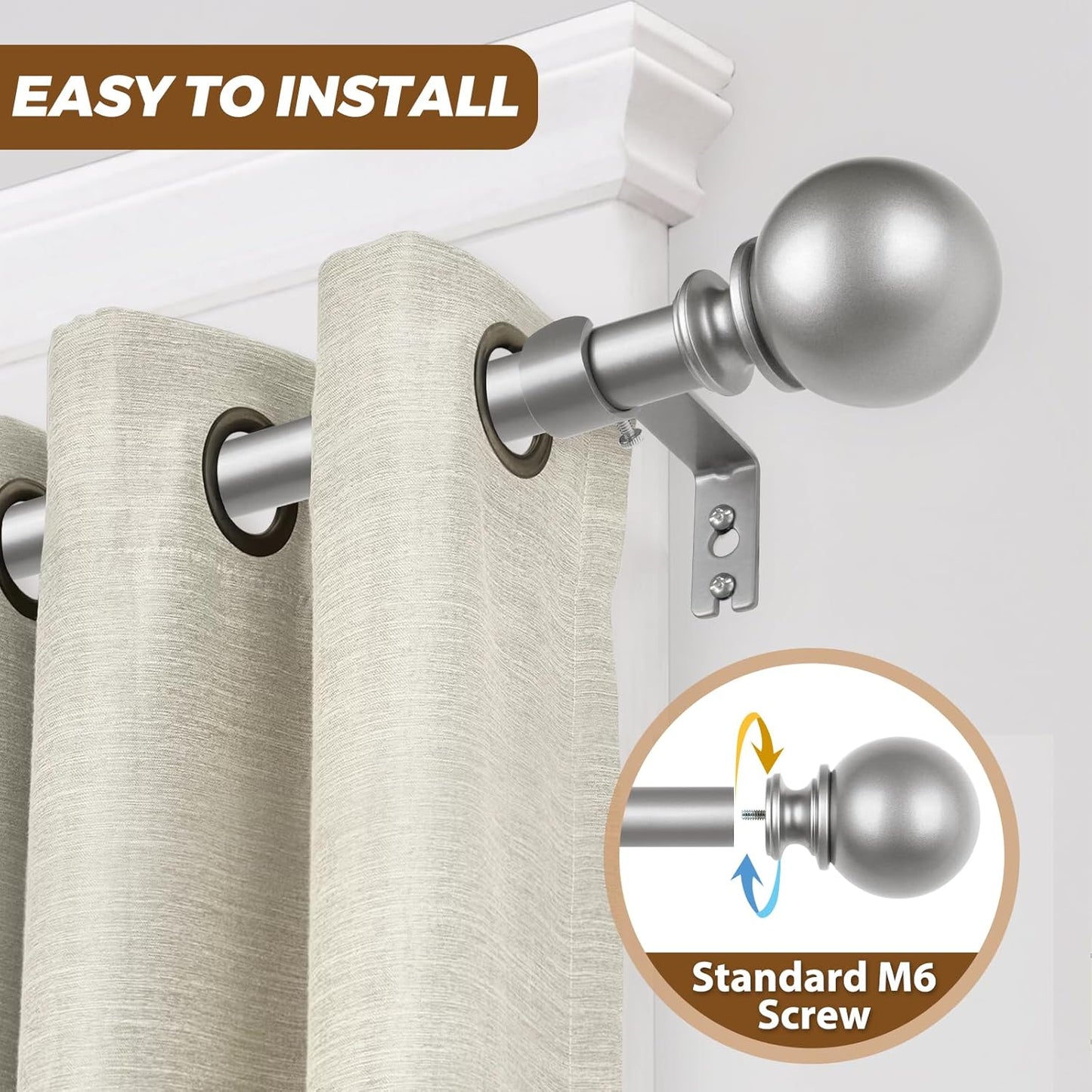 KAMANINA Curtain Rods for Windows 32 to 58 Inches (2.6-4.8ft), Adjustable Antique Silver Curtain Rod, 7/8 Inch Decorative Drapery Rod with Round Finials