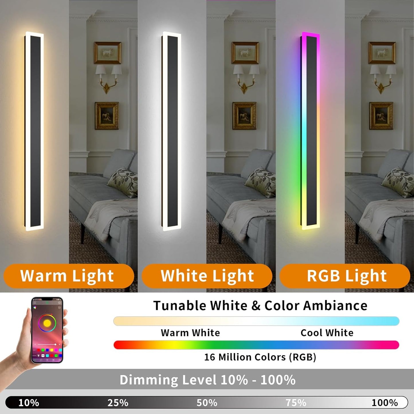 2 Pack Outdoor RGB Long Wall Lights, 39.4inch Wall Lights RGB/Warm/White Dimmable Modern Led Wall Lighting, Ip65 Waterproof Wall Sconce with Remote APP Control for Outdoor/Indoor Party Gathering