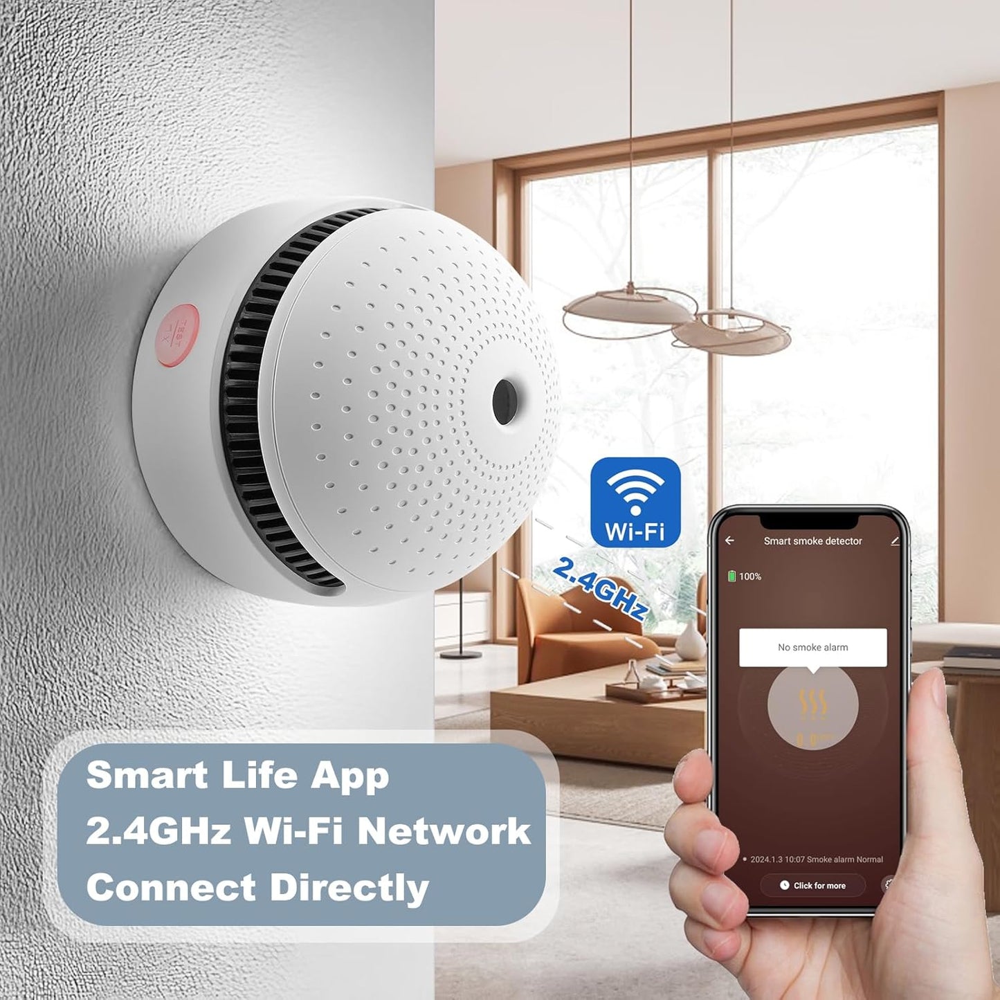 1-Pack Smart Smoke Detector,Wi-Fi Smoke Detector with Smart Life App Notifications,10-Year Replaceable Battery,Mini Fire Alarm Battery Powered for Home, RV