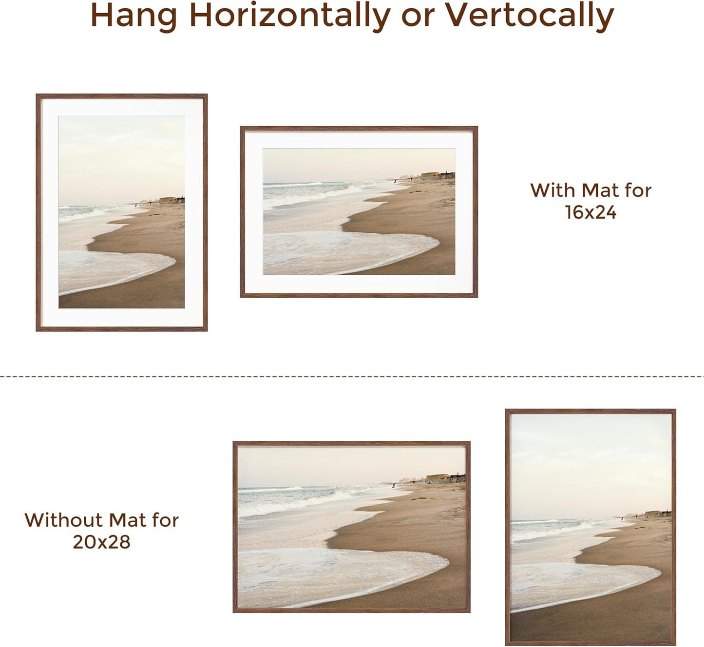 20x28 Oak Wood Picture Frame, 20"x28" Poster Frame for Wall, 20x28 Picture Frame with Mat for 16x24, Solid Oak Wood Photo Frame 20 x 28 with Tempered Real Glass (Walnut Color, 1 Pack)