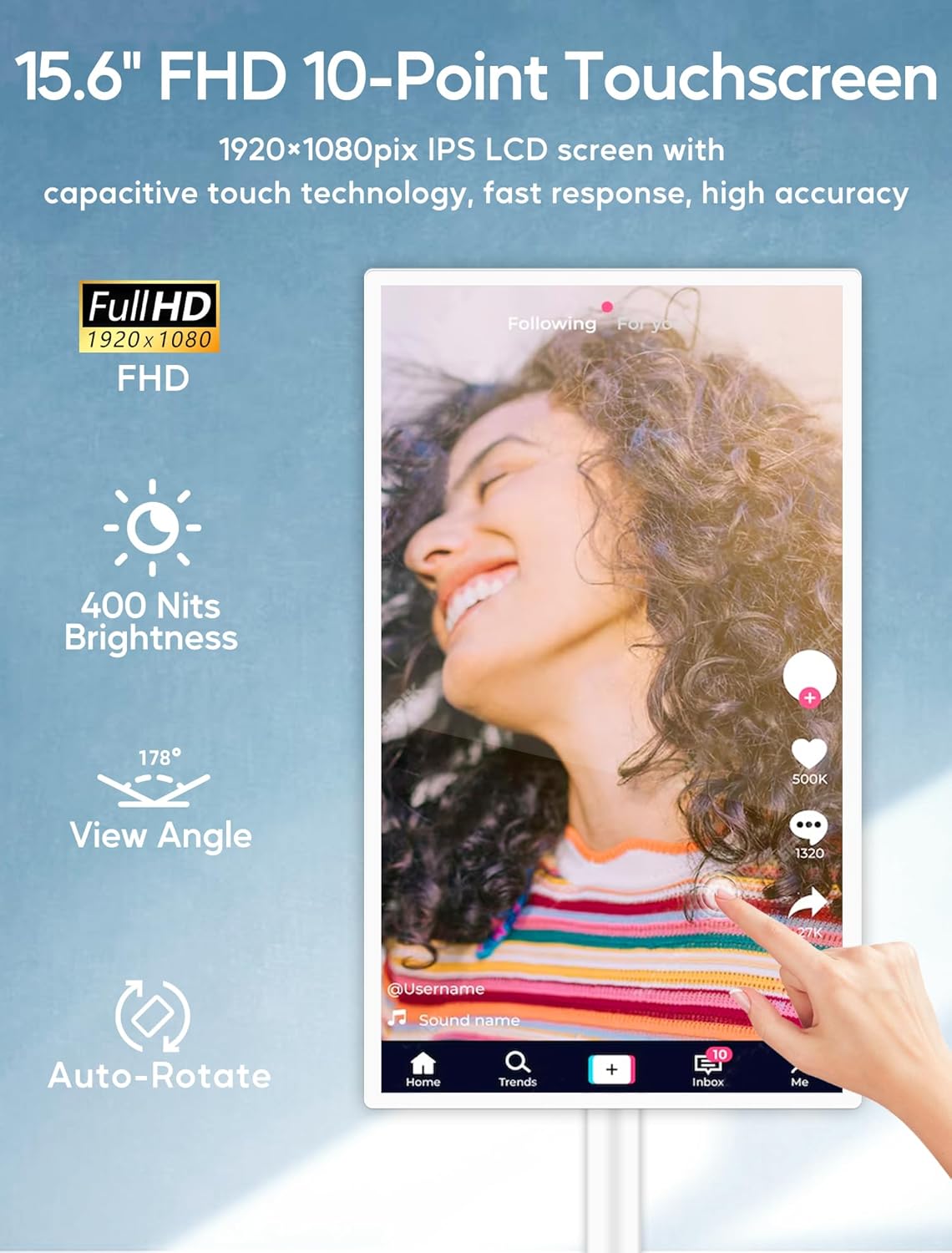 15.6" Digital Signage with 10000mAh Battery, Capacitive Touchscreen Advertising Display, Adjustable Stand, Android 11 Commercial LCD Monitor with Auto Play, Wireless Screen Mirroring, 2+32GB, White