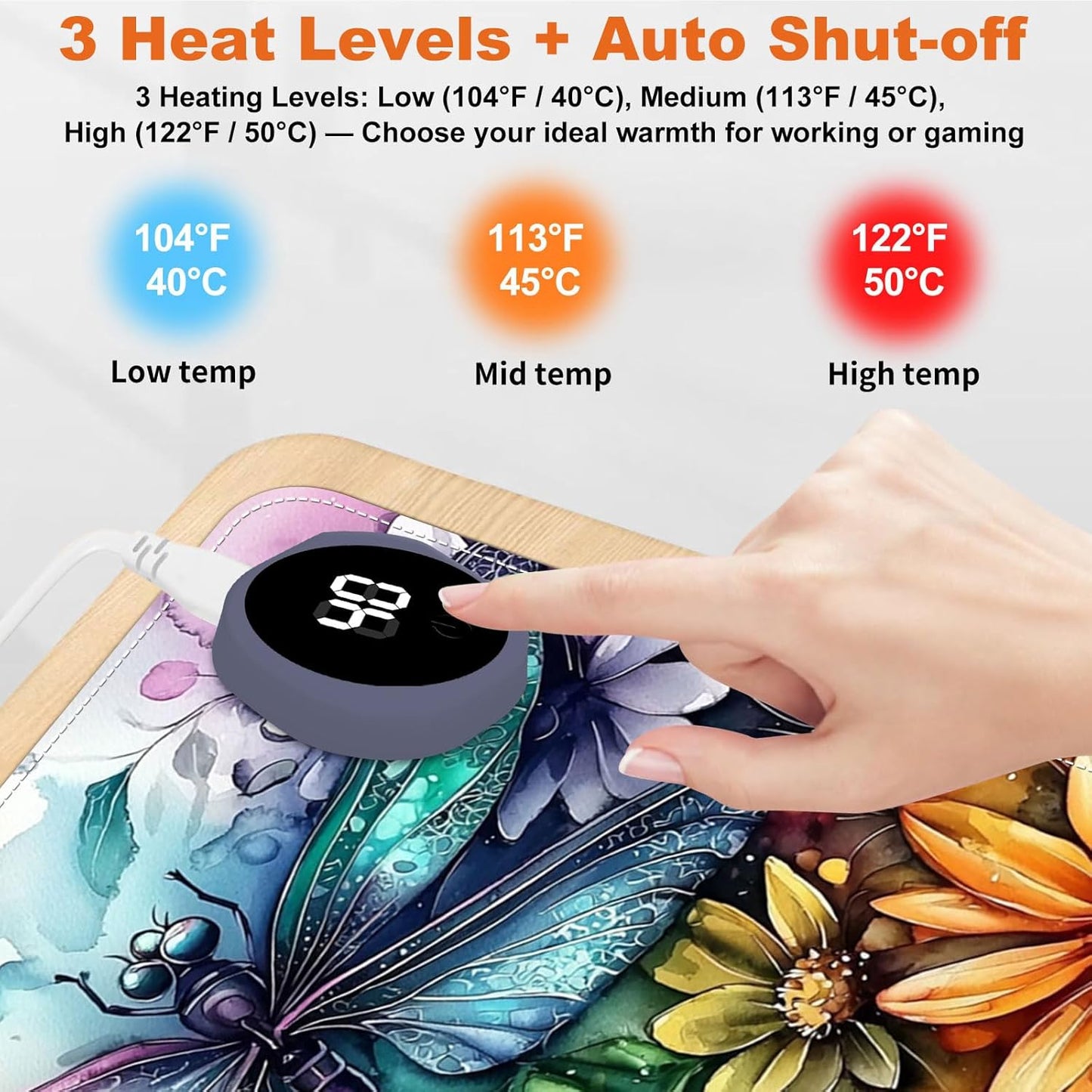 Heated Mouse Pad for Desk 31.5" x 13" – PU Leather Warm Desk Pad with 3 Heat Levels (104°F/113°F/122°F), Plug-in Electric Heating Mat with Auto Shut-Off, Waterproof & Rollable, Colorful Dragonflies