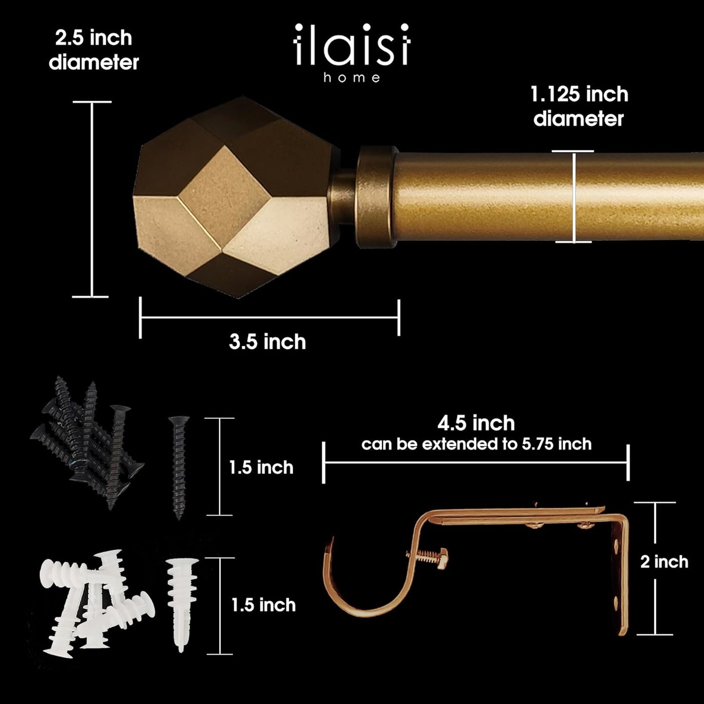 1-1/8 Inch Diameter Aged Bronze Curtain Rod with Geometric Faceted Finials, 36-72'' Telescoping Single Curtain Rods for window width 24-68 inch, 1 pack