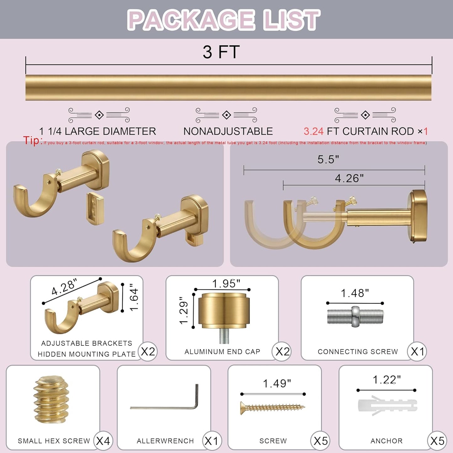 Heavy Duty Curtain Rods - 1 1/4" Large Diameter Premium Nonadjustable Curtain Rod - 36in/3ft Custom Window Treatment Rods with Durable Aluminum Brackets and End Caps,Gold Finish