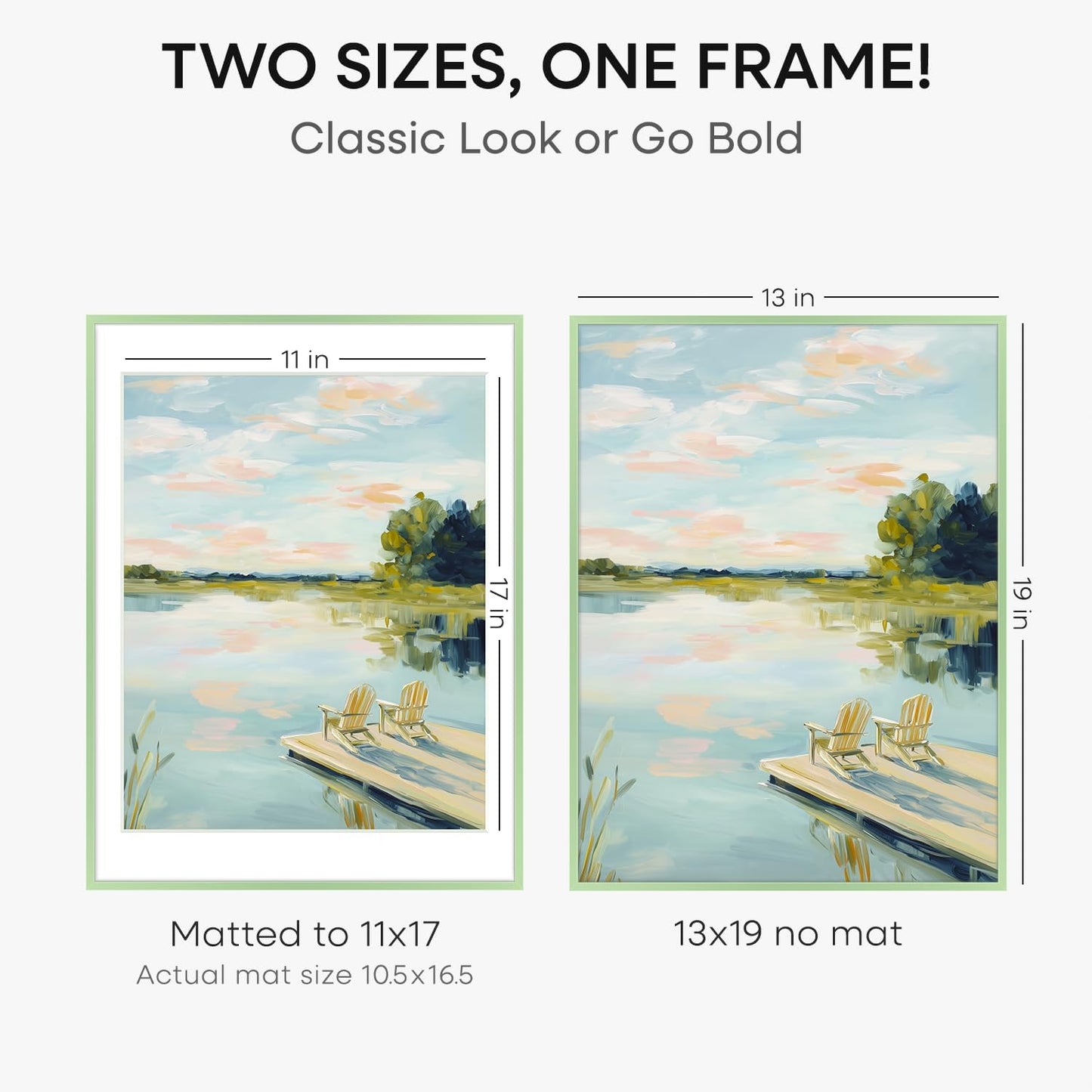 Homeforia 13x19 Picture Frame Sage Green, High End Metal 13x19 Poster Frames with Mat 11x17 inch Photo, 13 x 19 Sage Green Frame Matted to 11 by 17 Art, 19x13 Frame, Tempered Glass, Wall Kit, Set of 1