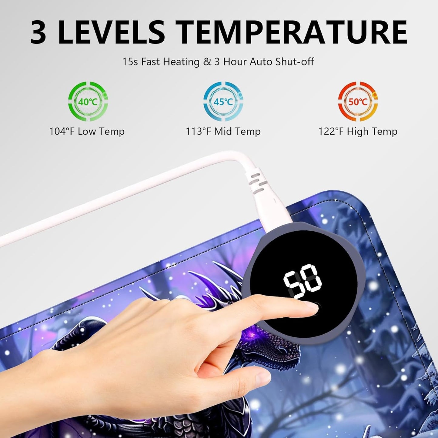 Heated Mouse Pad with 3 Levels Heated & 3 Hours Auto Shut-Off Mouse Pad for Warming Hands in Office Home, 23.6" x 14.2"Large Safe Desk Mat Hand Warmer，Purple Flying Dragon