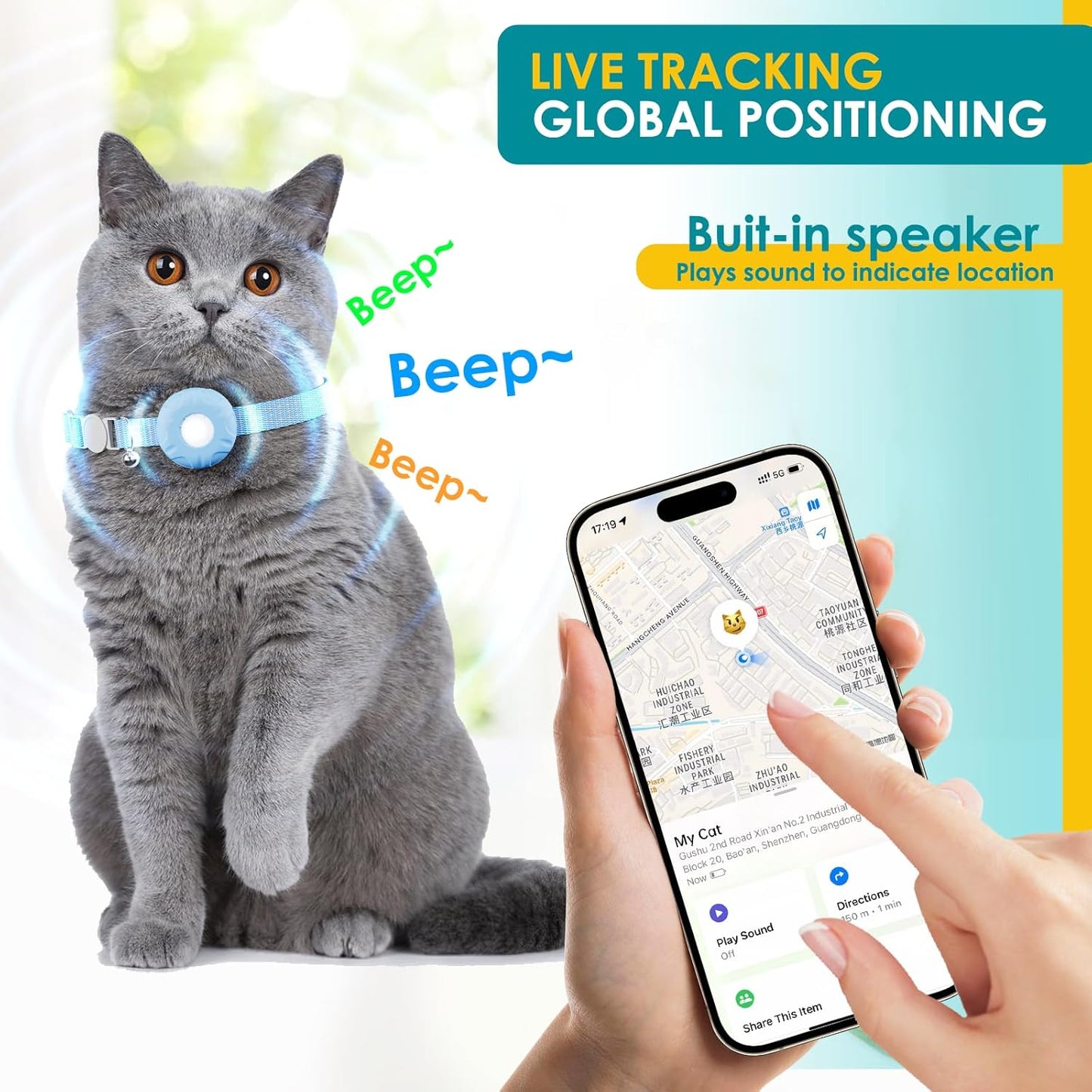 Cat Tracker, Cat Tracker Collar with Safety Elastic Buckle, Compatible with Apple Find My App (Only iOS), No Monthly Fee, Waterproof Pet Tracker for Cats, Blue
