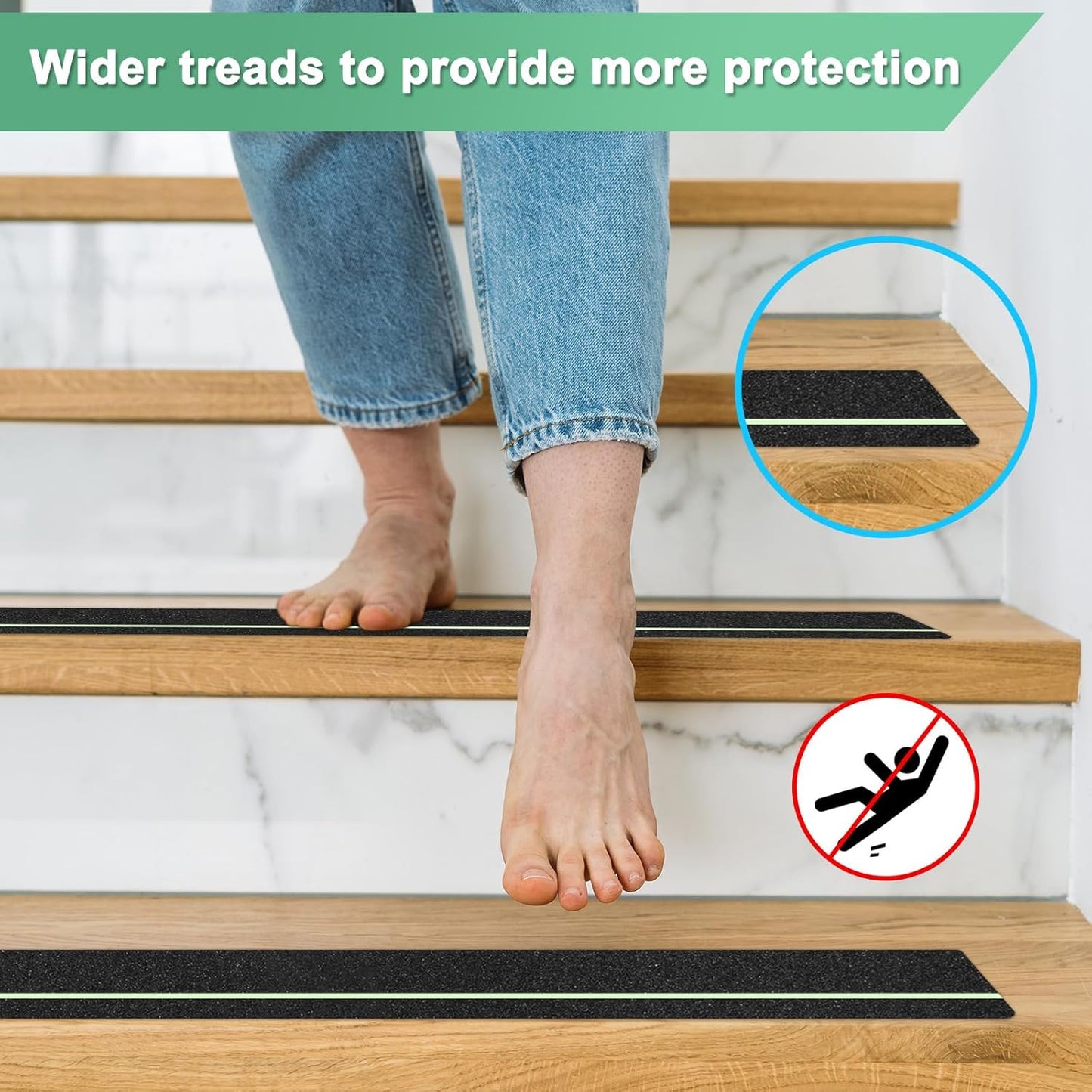 10-Pack Anti Slip Traction Tape 30" x 4" Best Grip Tape Grit with 6mm/0.24" Glow in Dark Stripe High Traction Friction Abrasive Adhesive for Indoor/Outdoor Stairs[Black+Green]