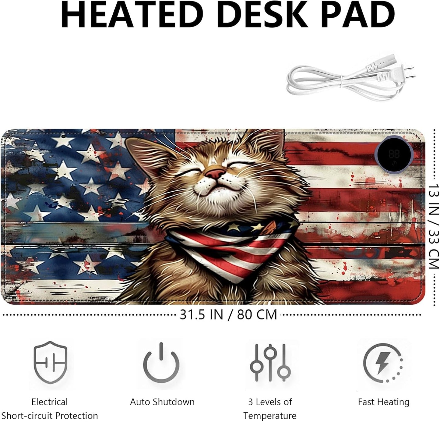 Heated Mouse Pad with 3 Levels Heated & 3 Hours Auto Shut-Off Mouse Pad for Warming Hands in Office Home, 31.5" x 13"Large Safe Desk Mat Hand Warmer，Flag Cute Cat