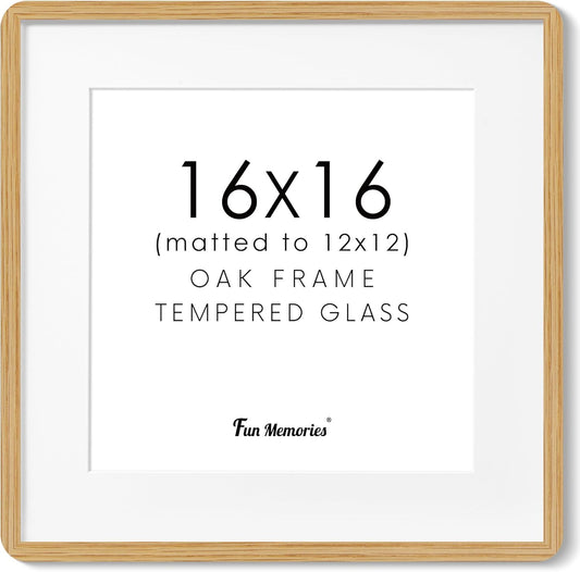 16x16 Picture Frame, Square 16 by 16 Frames for Wall - Solid Oak Wood & Tempered Glass, 16 x 16 Wood Frame Matted to 12 x 12, Square Picture Frame 16"x16" for Home Decor, Natural Oak Color, 1 Pack