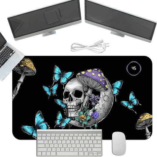 Heated Mouse Pad with 3 Temperature Settings(104°F–122°F),Large 24x14.2 Inch PU Leather Heated Desk Mat,Waterproof Warming Pad for Office,Gaming & Cold Hands Relief,Skeleton Moon Mushroom
