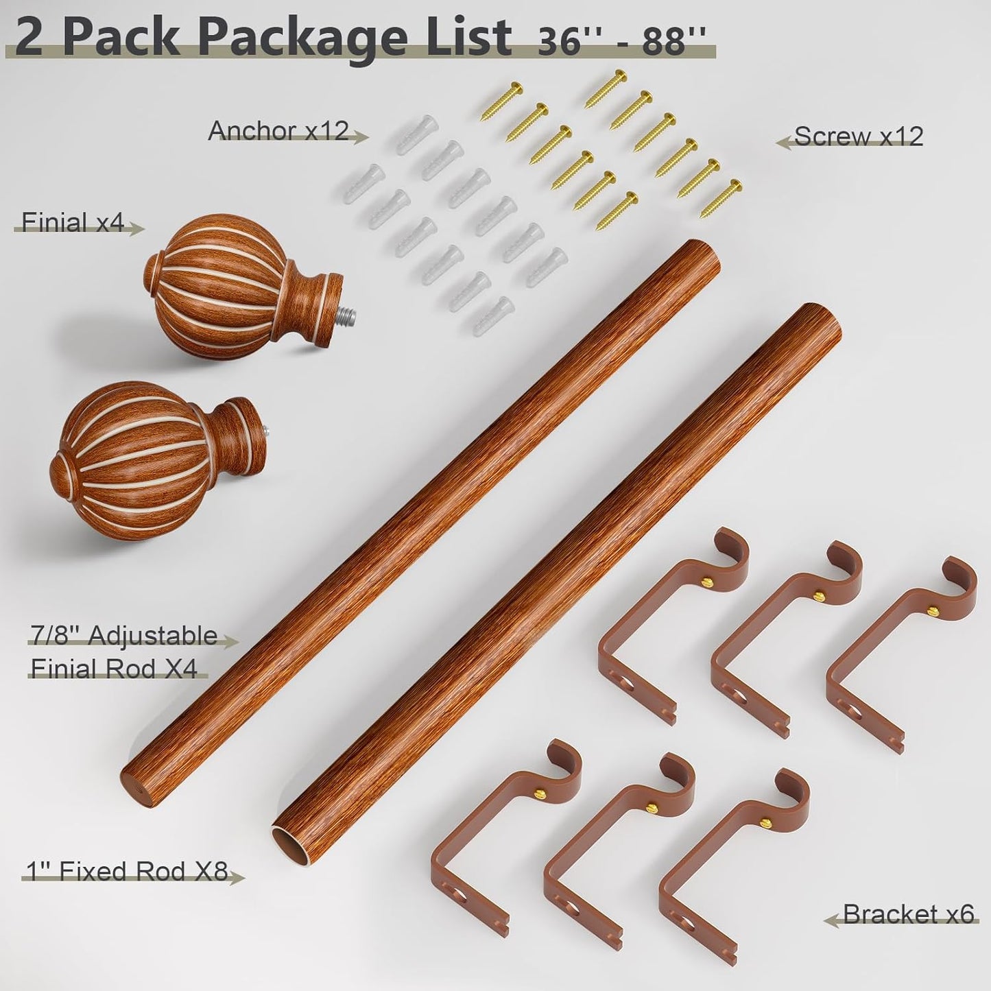 2 Pack Reddish-Brown Wood Curtain Rods for Windows 48 to 84 Inch, 1'' Adjustable Heavy Duty Curtain Rod，Vintage Imitation Wood Decorative Drapery Rods with Pumpkin Finials for Living Room