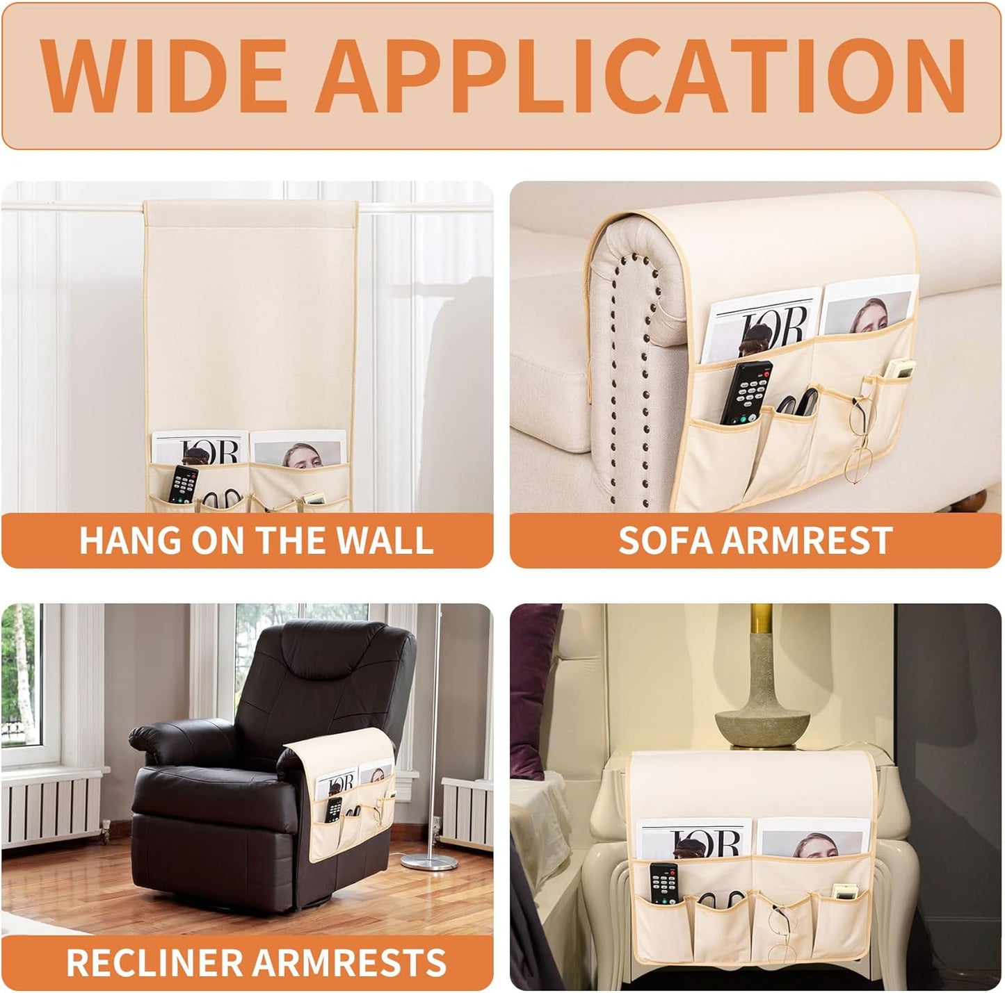 HAOMAIJIA Anti Slip Sofa Armrest Organizer Arm Chair Bedside Caddy Storage Organizer For Recliner Couch With 6 Pockets For Cell Phone Tv Remote Control (Beige, 31.89 inches × 18.5 inches)
