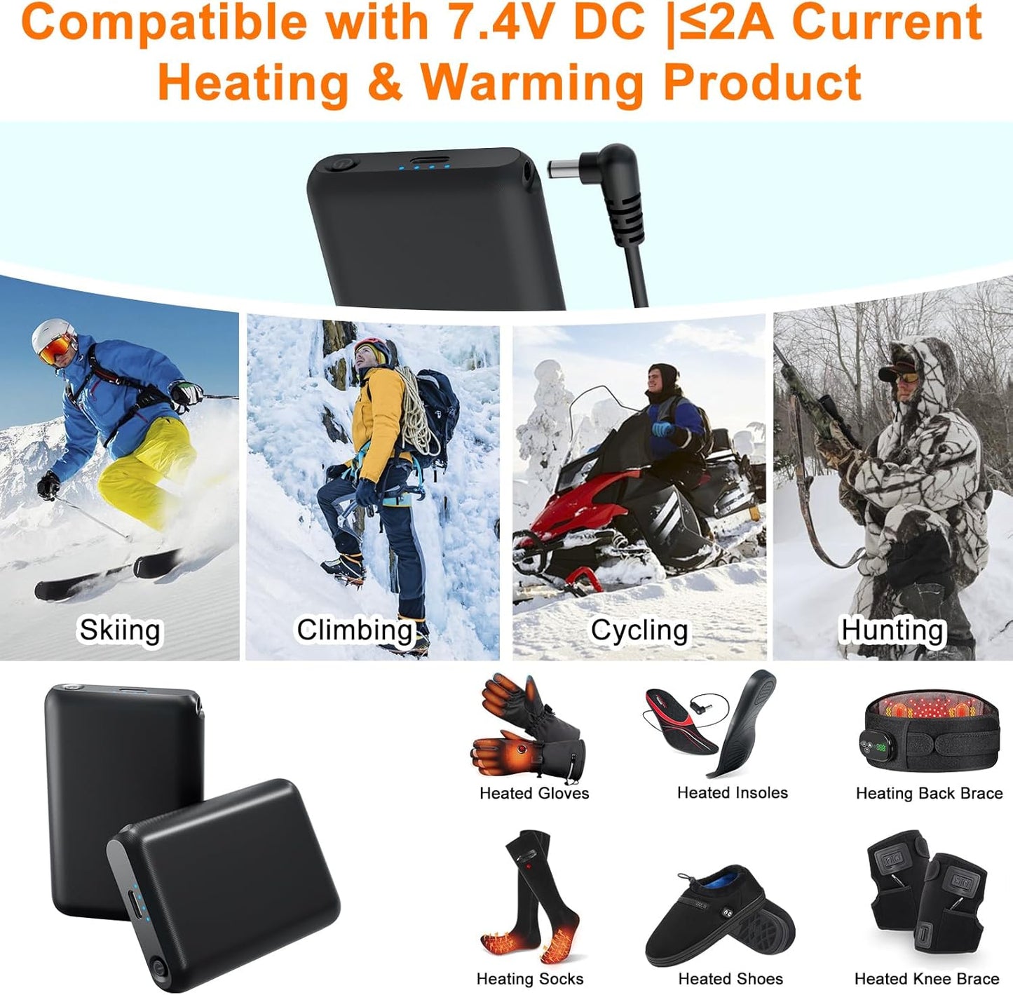 1 Pair 7.4V 2A 3000mAh Li-Polymer Rechargeable Battery Pack, Batteries for Battery Heated Glove with 3.5mm Female DC Jack for Heated Gloves, Heated Slippers, Heated Socks, Heated Scarf ＆Heated Insoles