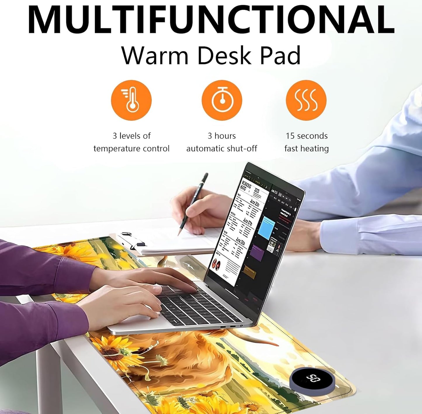 Heated Mouse Pad with 3 Levels Heated & 3 Hours Auto Shut-Off Mouse Pad for Warming Hands in Office Home, 23.6" x 14.2"Large Safe Desk Mat Hand Warmer，Sunflower Highland Cow
